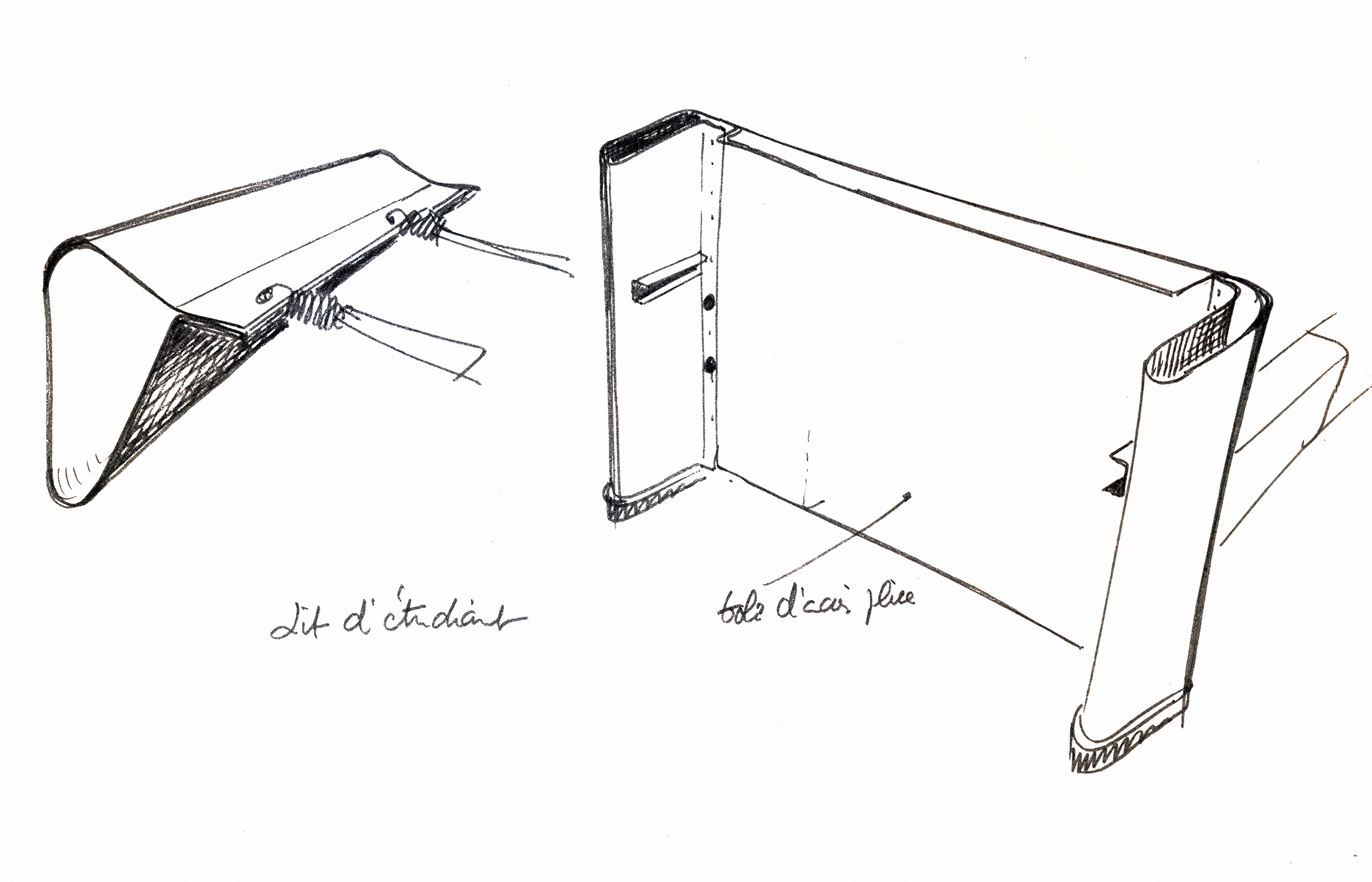 “Lit d’étudiant” (Student bed). Detail of the runner and bent steel box frame. Sketch by Jean Prouvé for the magazine <i>Intérieur,</i> 1965.