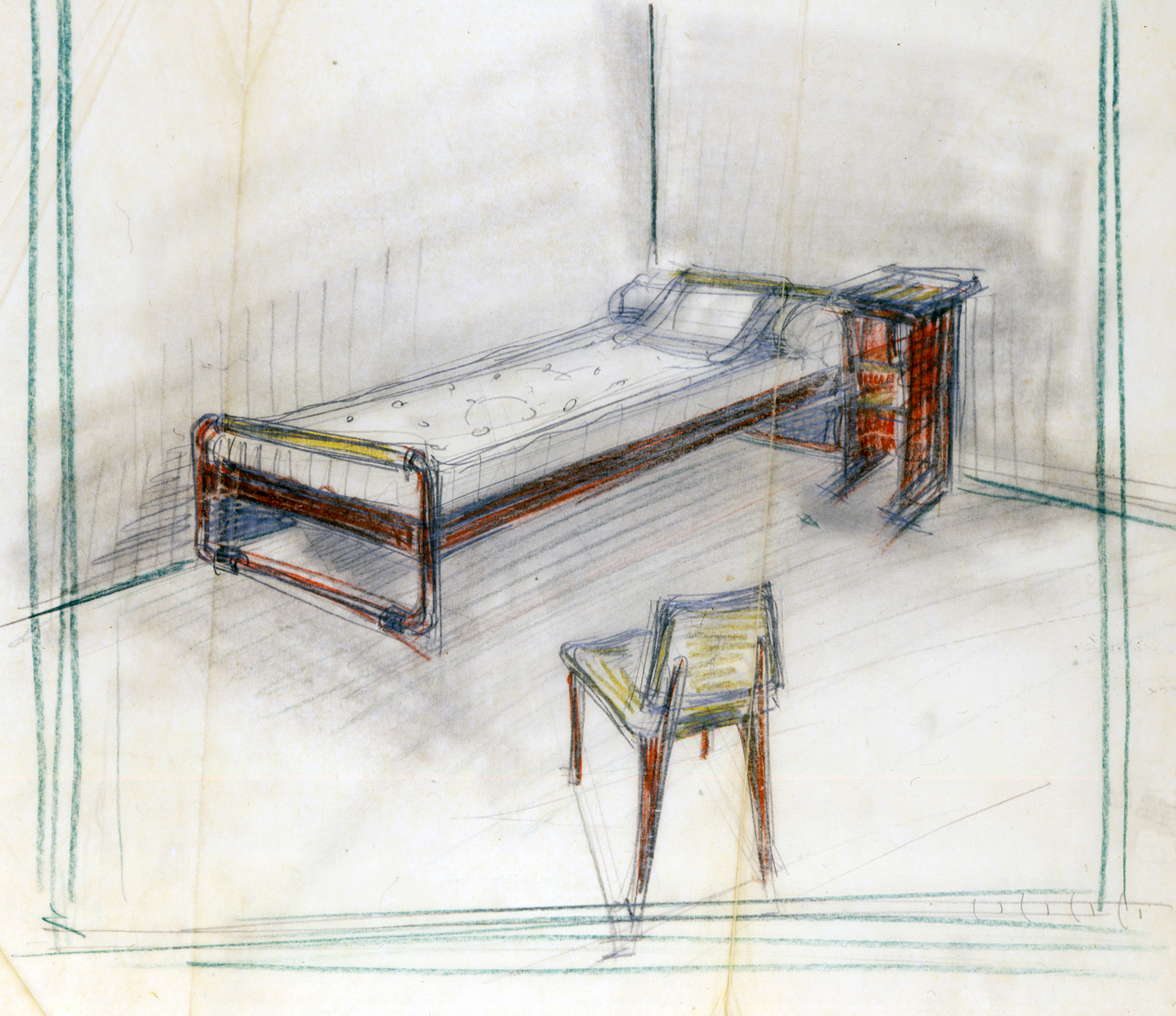 Colour sketches by Jean Prouvé: bed, chair and bedside table for the Lycée of Metz, ca. 1935