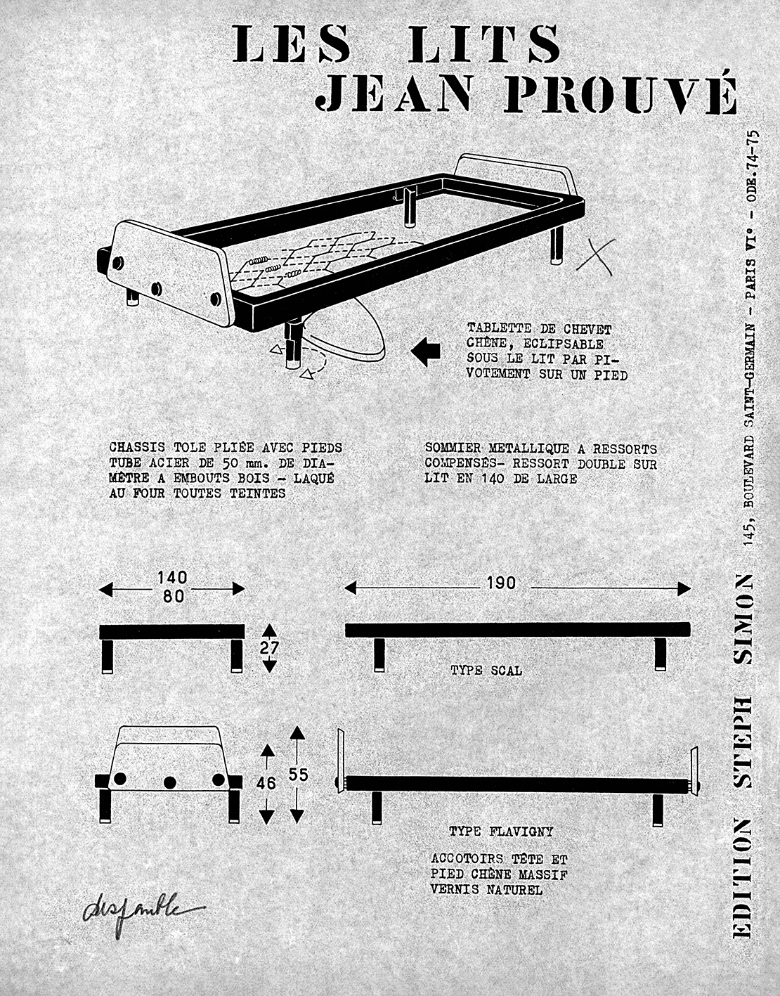 “Les lits Jean Prouvé”. Steph Simon presentation sheet, ca. 1957.