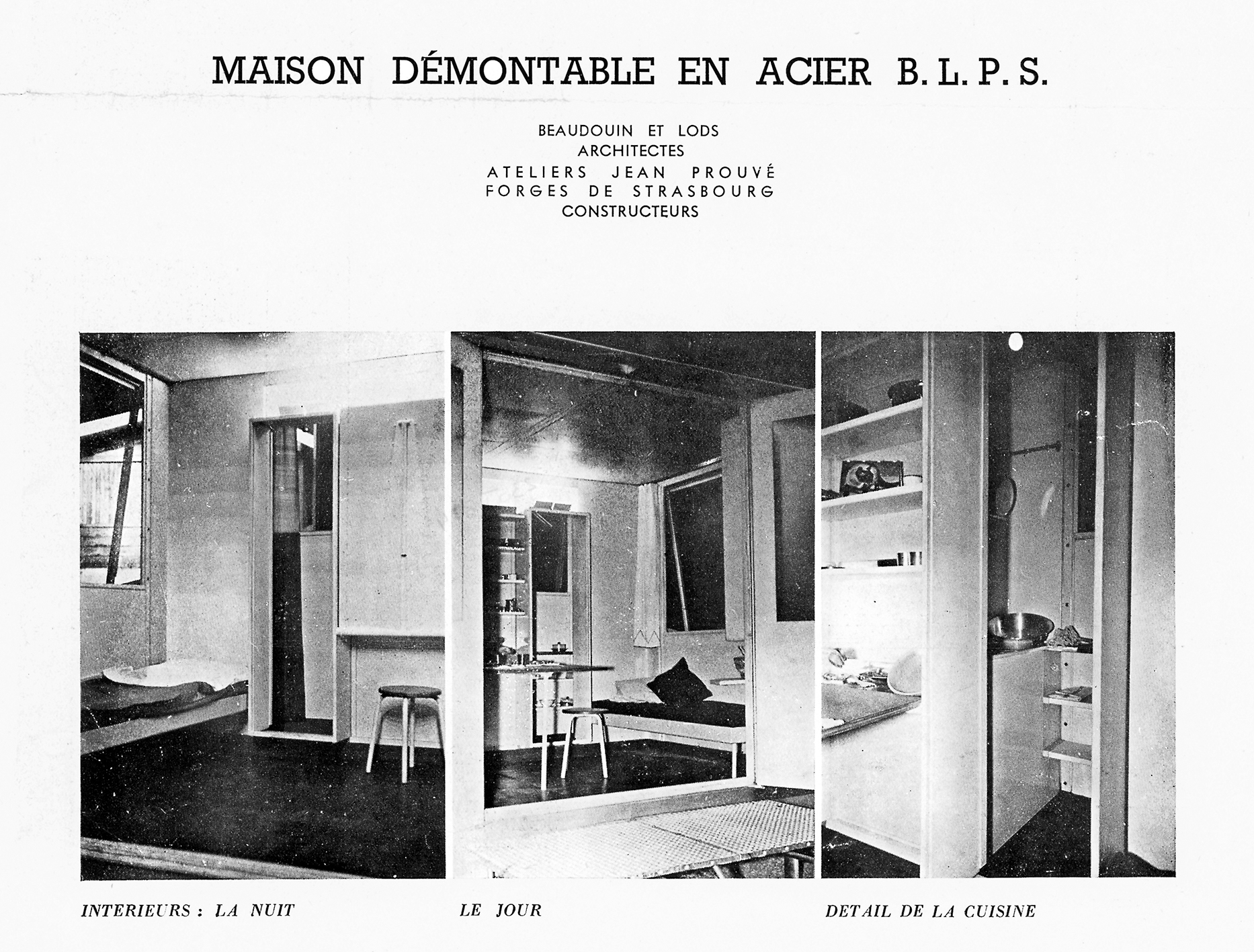 Maison de week-end démontable BLPS (E. Beaudouin et M. Lods, arch., Ateliers Jean Prouvé, concepteur, Les Forges de Strasbourg, constructeur, 1937). Intérieur du prototype.