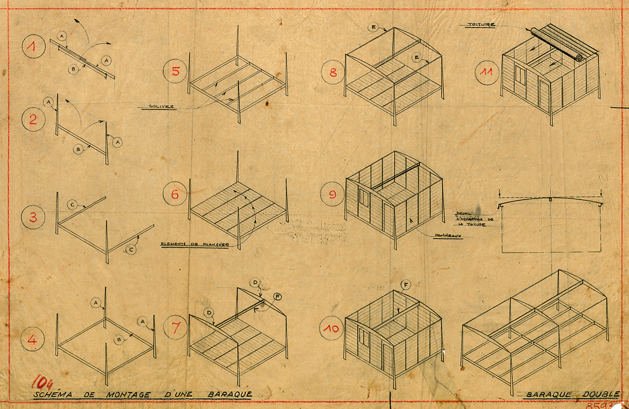 Ateliers Jean Prouvé “Assembly diagram for a shelter; double shelter”. Plan no. 8593, February 1940.