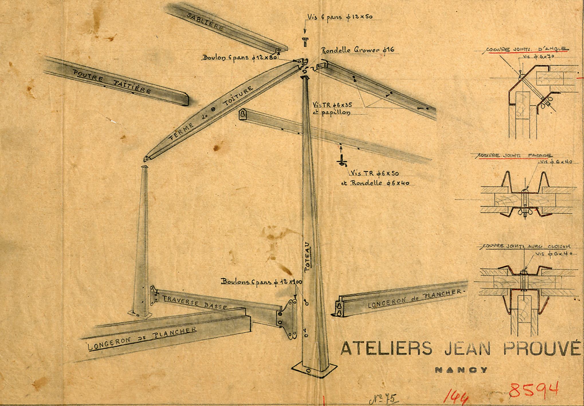 Ateliers Jean Prouvé. Baraque militaire 4x4. Vue en éclaté de la structure métallique. Plan n° 8594, février 1940.