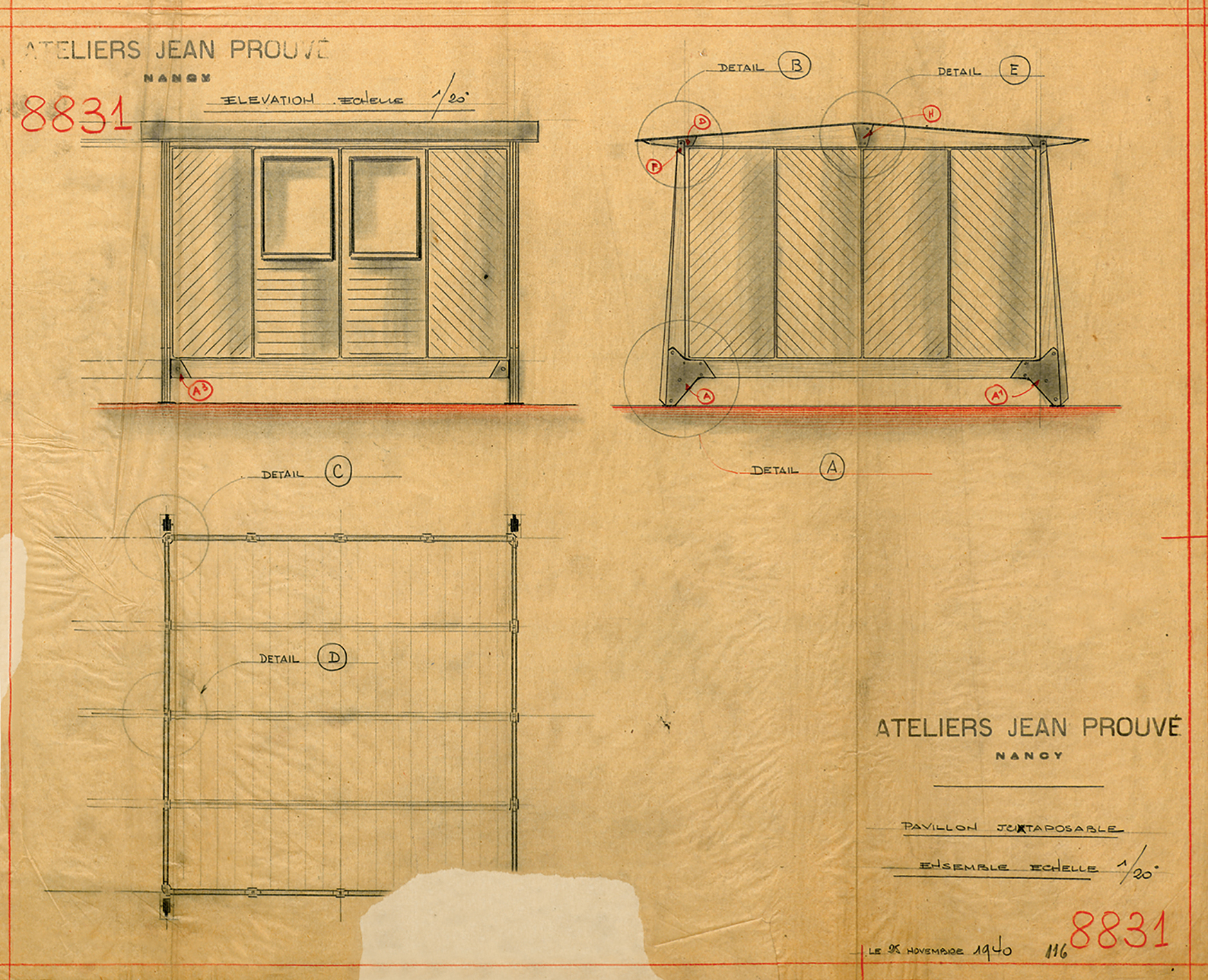 Ateliers Jean Prouvé « Pavillon juxtaposable », variante tout bois avec fourreaux métalliques. Plan n° 8831, 25 novembre 1940.