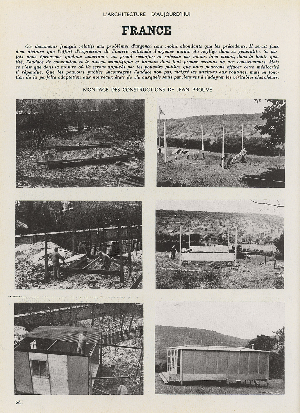 “Emergency measures. Assembling structures by Jean Prouvé” <i>L’Architecture d’aujourd’hui,</i> no. 2, July-August 1945.