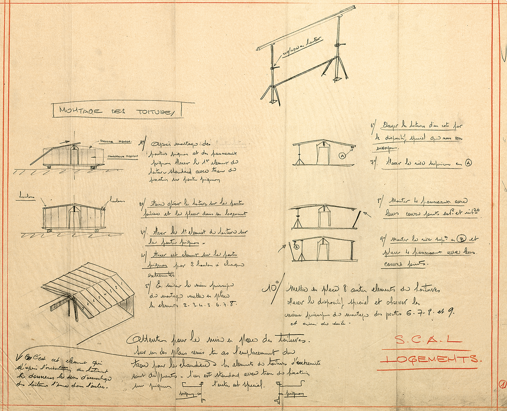 Ateliers Jean Prouvé « SCAL. Logements. Montage des toitures ». Plan non numéroté, non daté [début 1940].