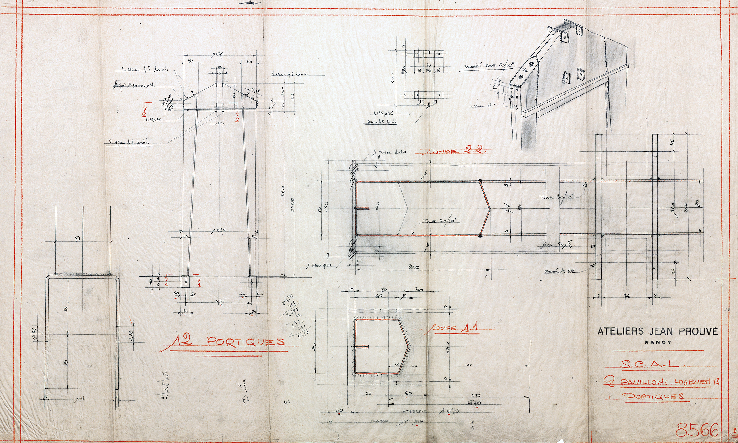 Ateliers Jean Prouvé « SCAL. 2 pavillons logements. Portiques ». Plan n° 8566, février 1940.