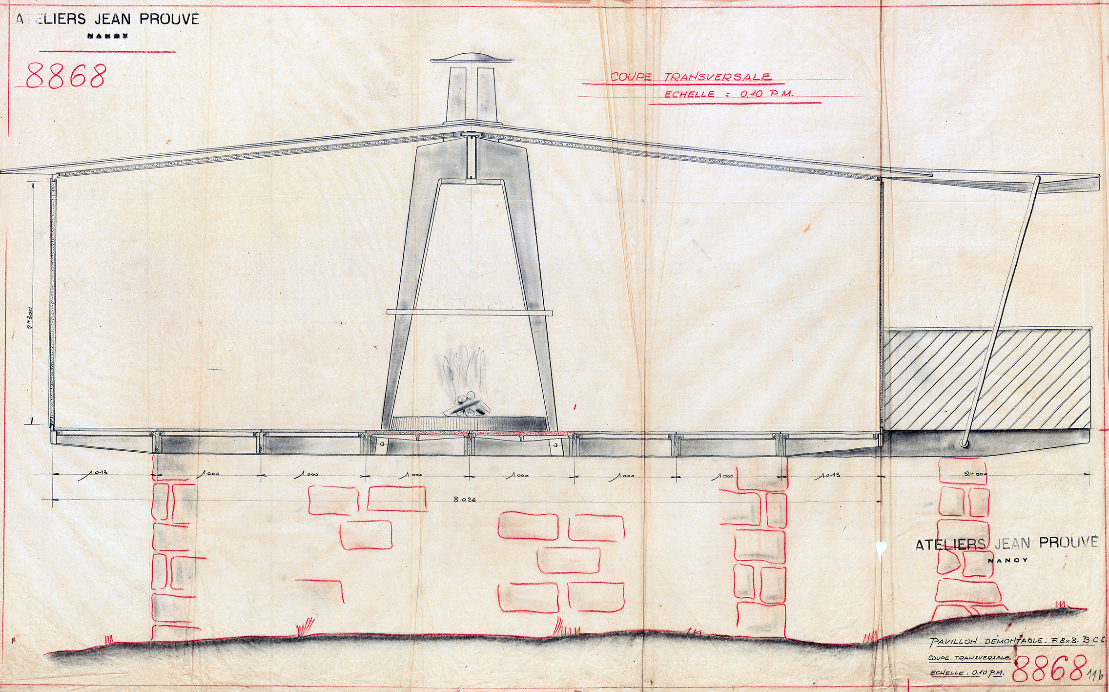 Ateliers Jean Prouvé. “F 8x8 BCC Demountable house, cross section”. Plan no. 8868, 17 January 1941.