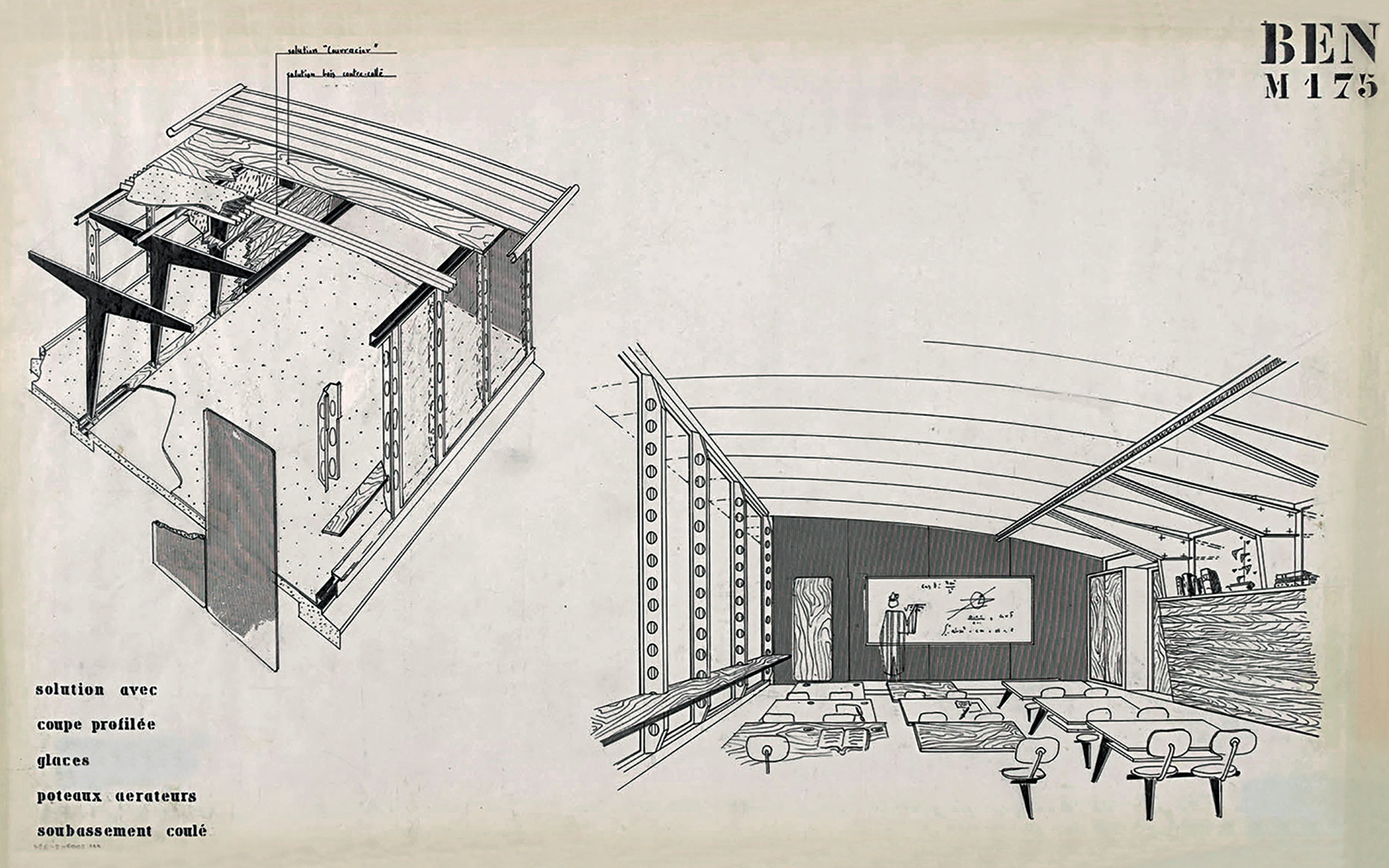 Les Constructions Jean Prouvé. “Solution with profiled section, glazing, ventilating posts, poured wall base”. Proposal for a variant with vertical facade and concrete floor for the BEN M175 school (National Education Building, grid 175 centimeters), ca. 1958