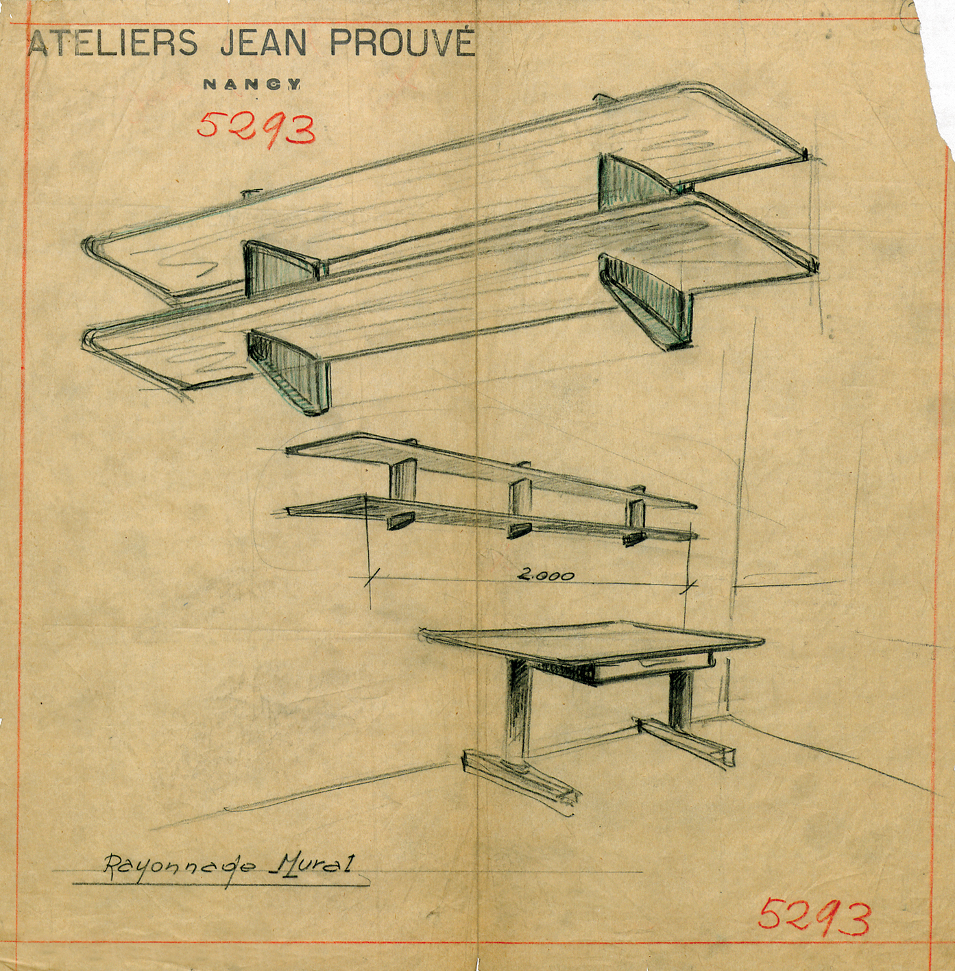 « Rayonnage mural ». Modèles simple et double pour l’ENP, Metz. Plan Ateliers Jean Prouvé n° 5293 du 20 avril 1935.