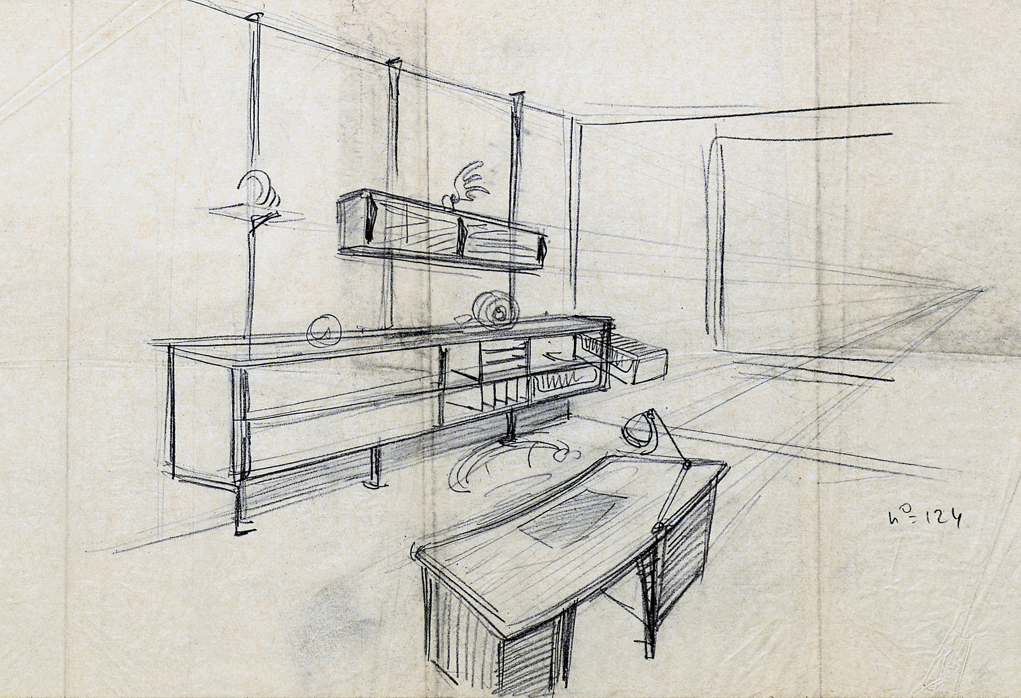 Mr Labourier’s office. Ateliers Jean Prouvé overall view, preliminary sketch, January 1943.