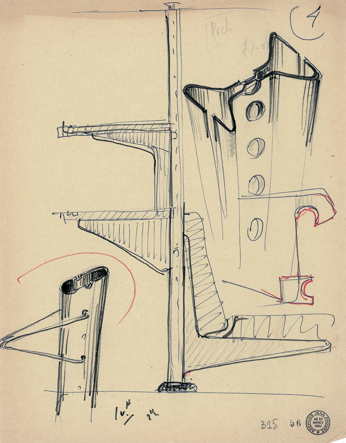 Système de poteaux sur vérins à crémaillères et consoles, pour meuble équilibré à double face avec étagères et banquette. Croquis de Jean Prouvé pour ses cours au CNAM, 1957-1971.