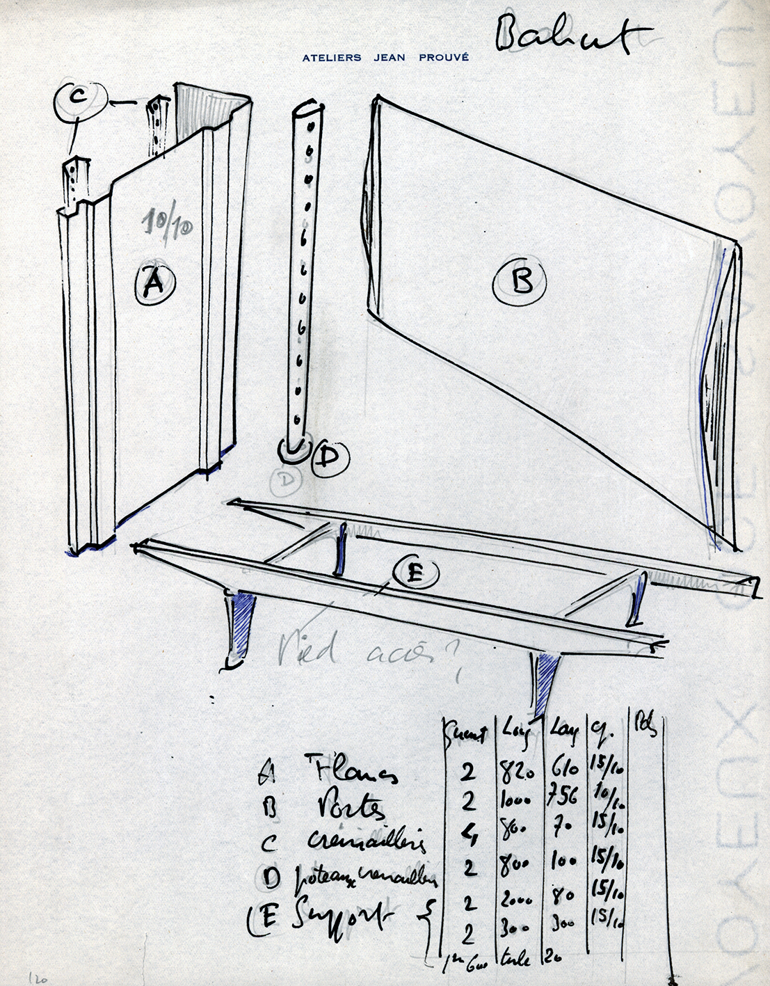 “Cabinet”. Sketch by Jean Prouvé, ca. 1950.