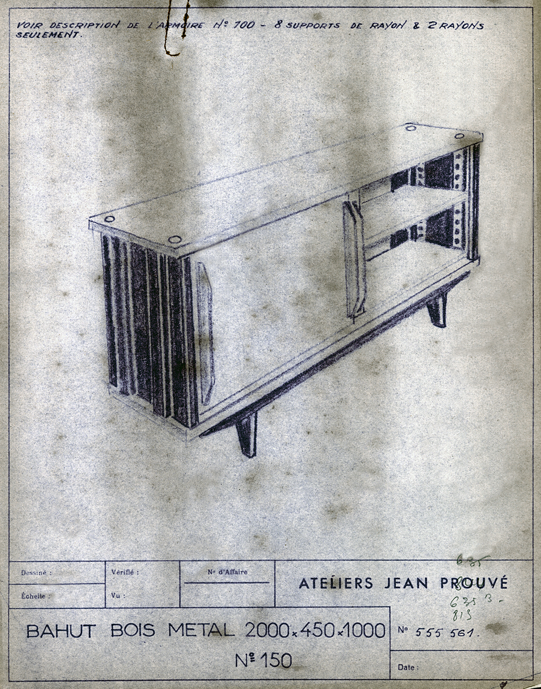“Wood and metal cabinet no. 150”. Ateliers Jean Prouvé, descriptive sheet, no. 555.561, ca. 1953.