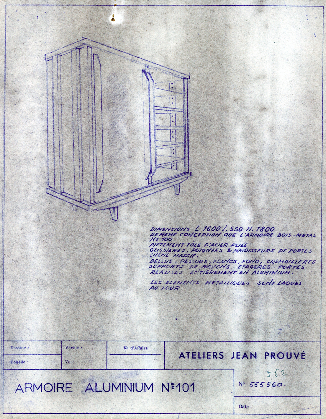 « Armoire aluminium n° 101 ». Fiche descriptive Ateliers Jean Prouvé n° 555.560, c. 1952.