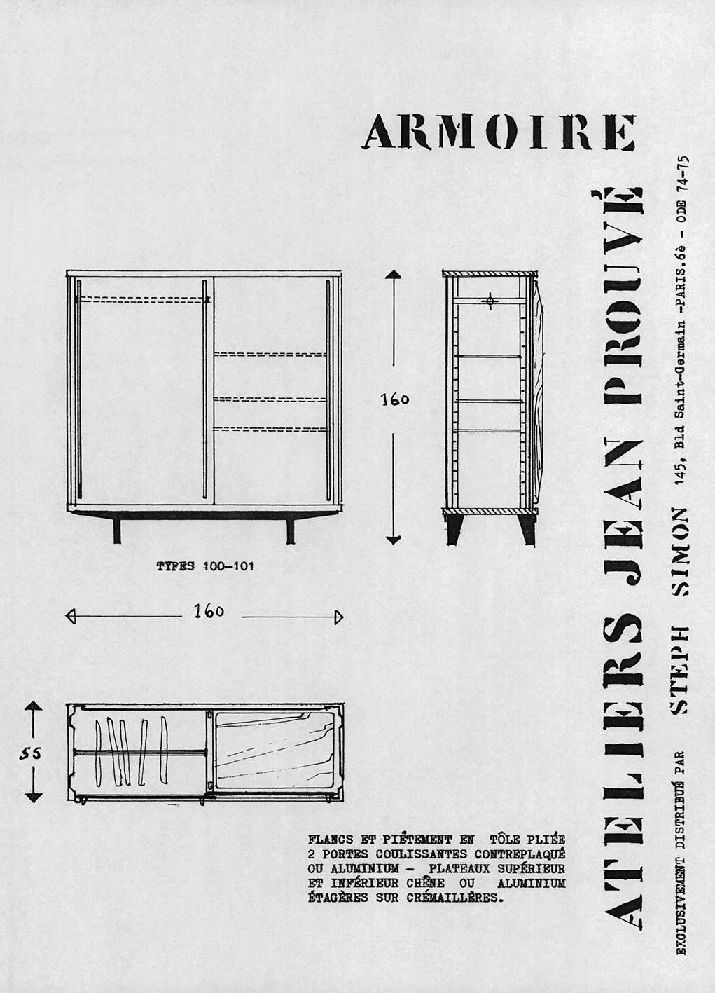 “Armoire Ateliers Jean Prouvé”. Steph Simon presentation sheet, ca. 1956.