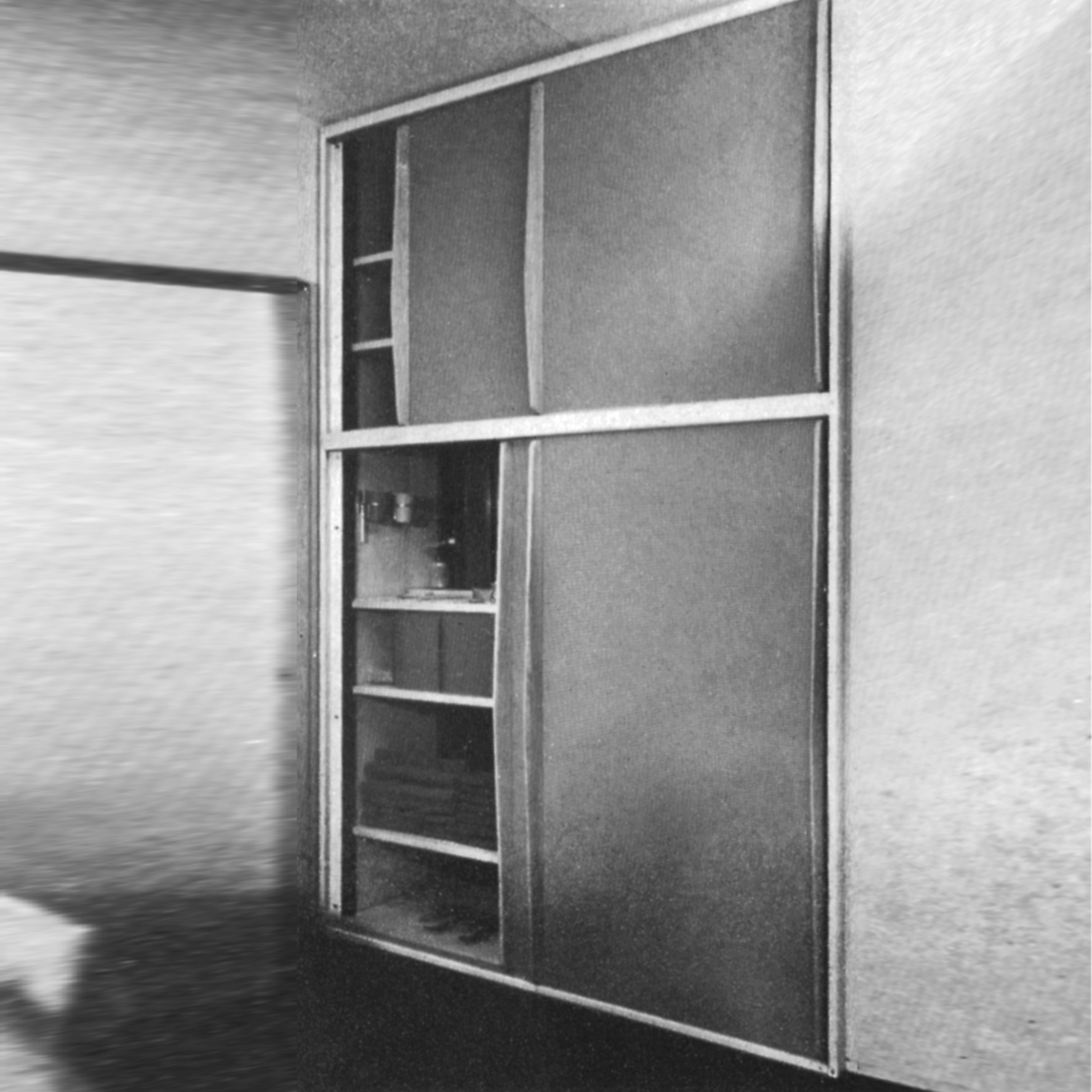 Brazza cupboard with Charlotte Perriand, 1952. Sheet steel, aluminum sheet “diamond point” motif and wood handles. Provenance: Air France building, Brazzaville.