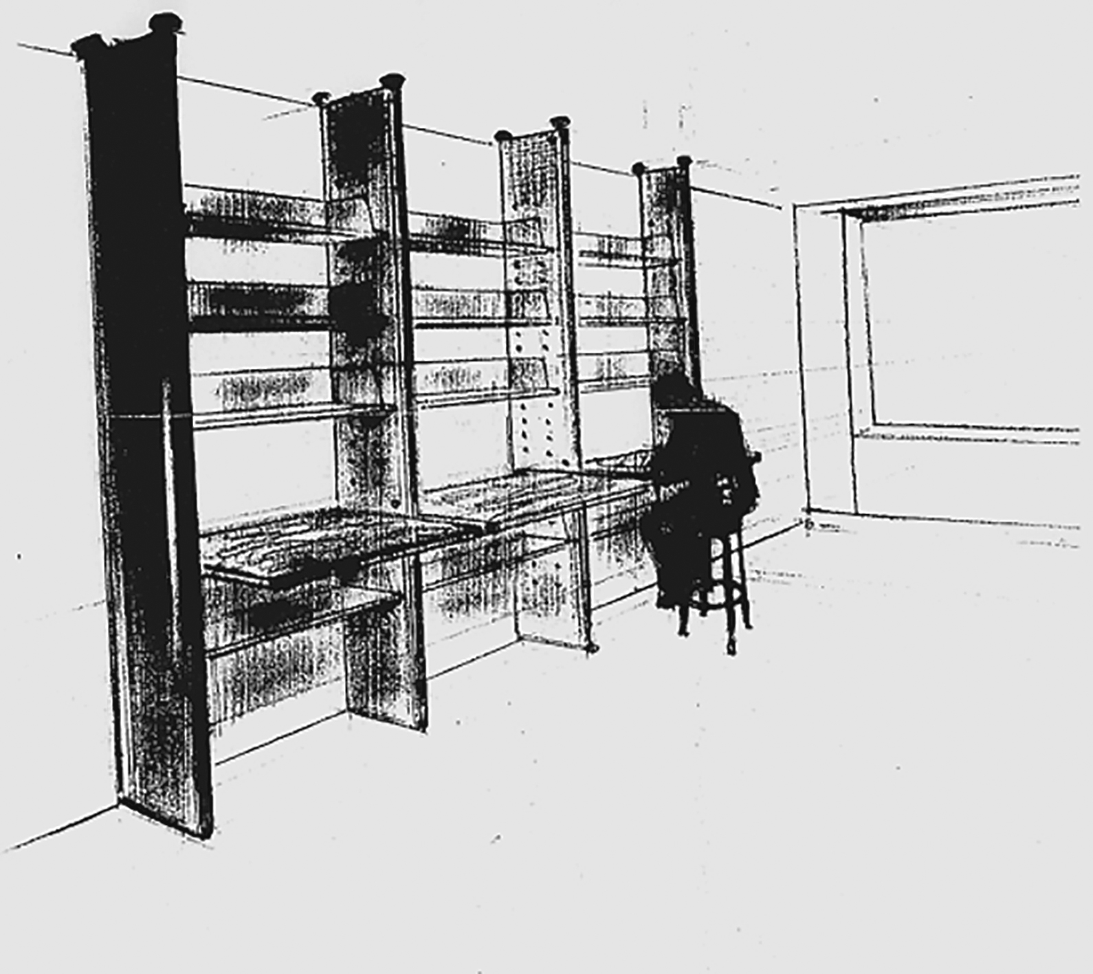 “Wall bookshelves for bookshop”. Ateliers Jean Prouvé drawing no. 13.141, 26 January 1951, by A. Le Stang. Special bookcase in bent sheet metal with rack-and-pinion posts mounted on jacks. Unacheived project.