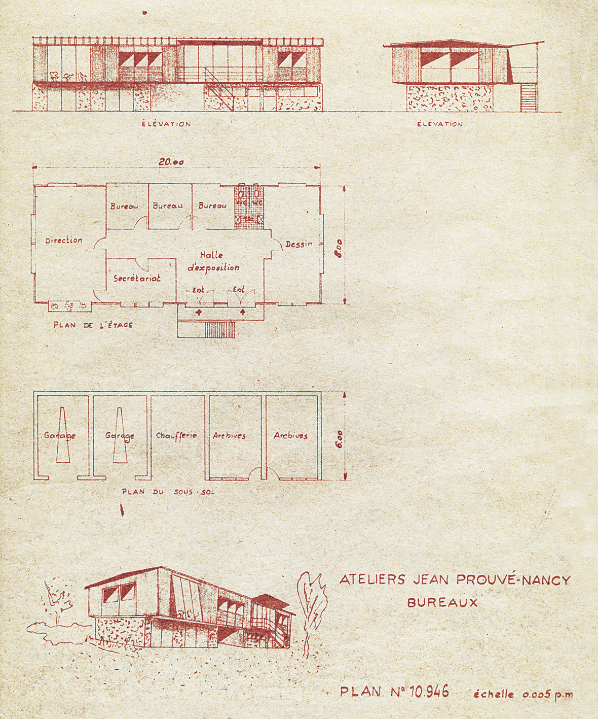 Ateliers Jean Prouvé, « Bureaux » (bâtiment de la direction Ferembal). Document de présentation, plan n° 10.946, 24 mars 1948, par Henri Prouvé.