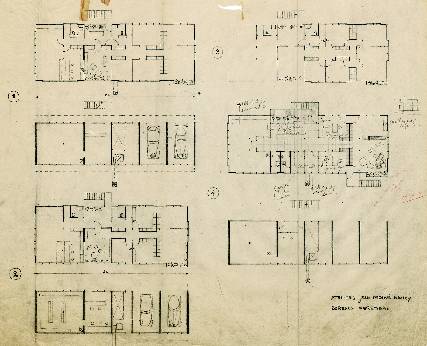 Ateliers Jean Prouvé. “Ferembal Offices”, interior layout project with handwritten directions by Jean Prouvé regarding the furniture. Version approved by Pierre Bindschedler on 14 July 1948.
