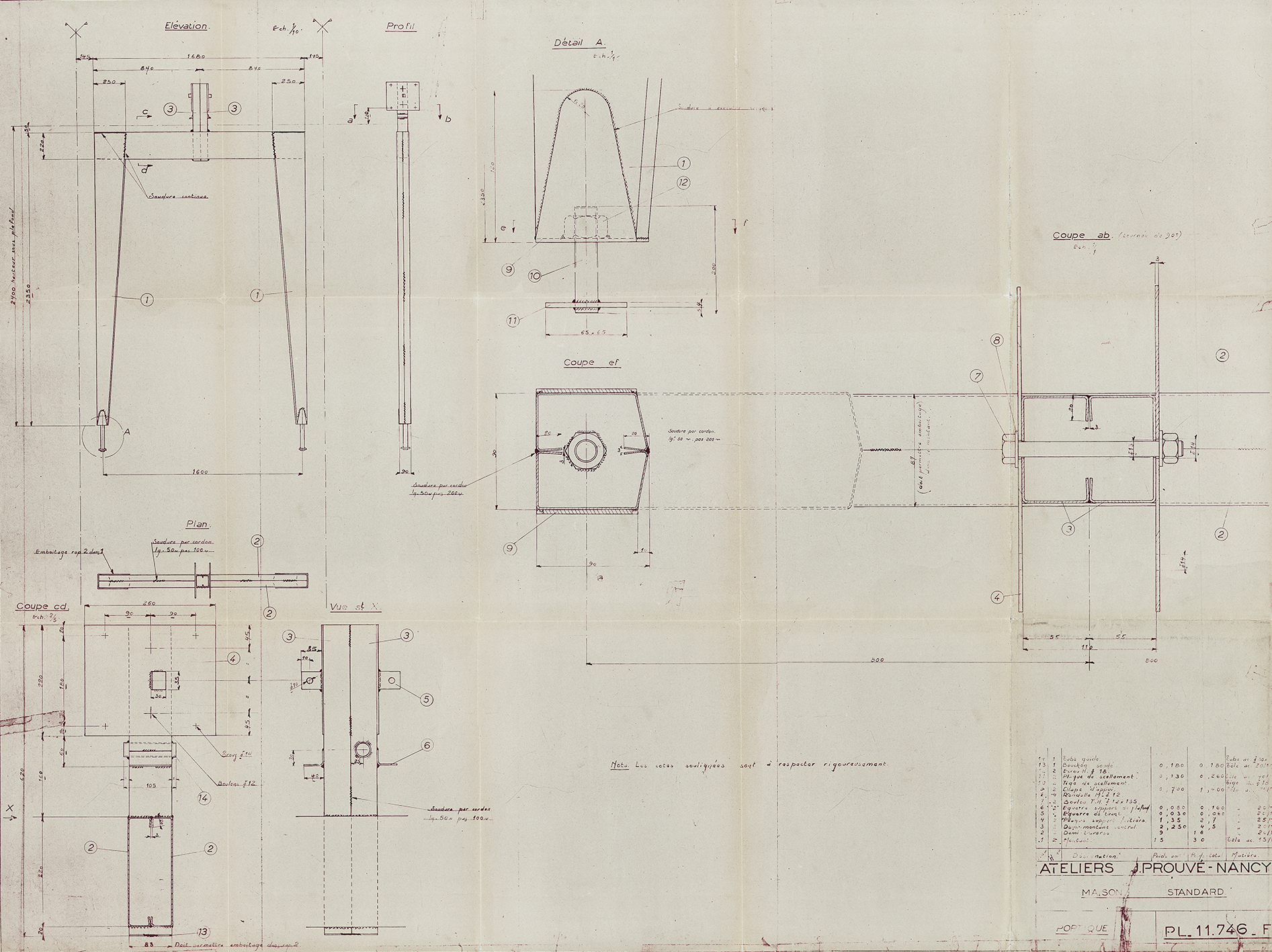 Ateliers Jean Prouvé. “Axial portal frame. Standard House”, plan no. 11.746, September 1948.