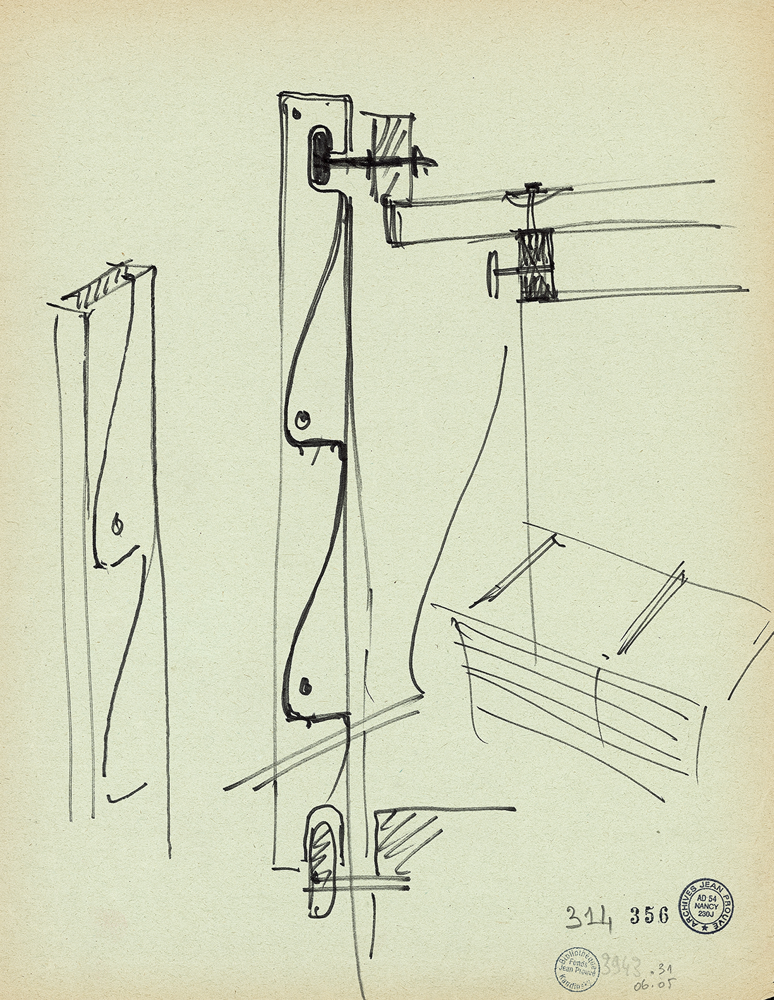 Panneau « onde » en tôle d’aluminium. Principe de pliage et d’accrochage, croquis de Jean Prouvé pour ses cours au CNAM, 1957-1971.