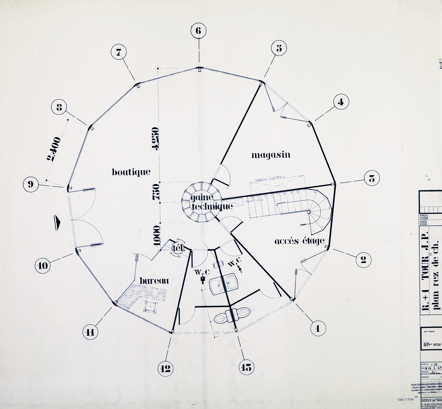 Atelier Jean Prouvé. « Tour J. P., R. + 1 plan rez de ch. », plan, 26 mars 1969.