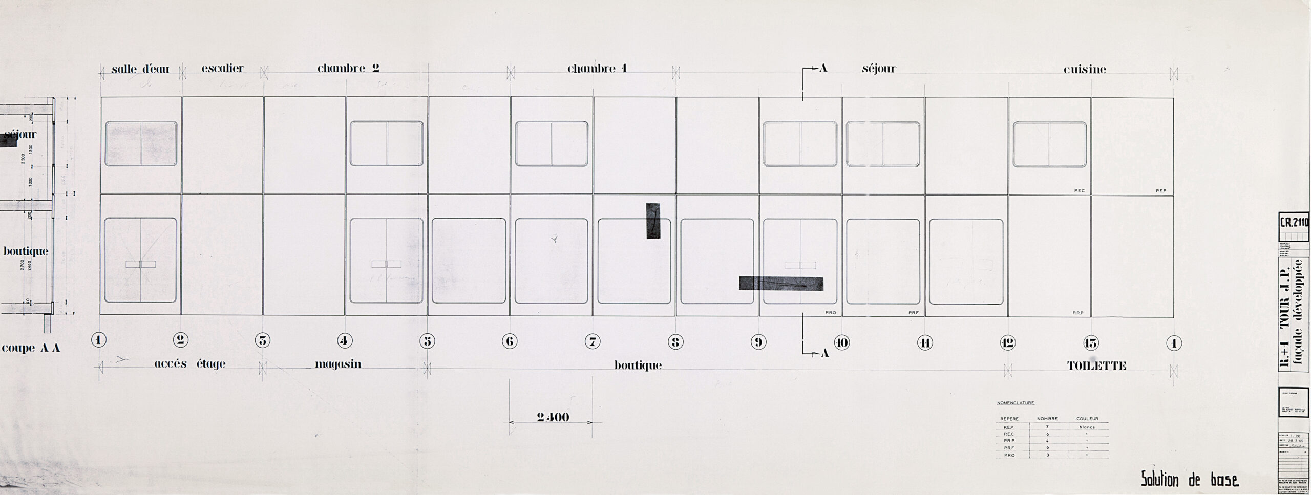 Atelier Jean Prouvé. « Tour J. P., R + 1, façade développée », plan CR 2110, 28 mars 1969.