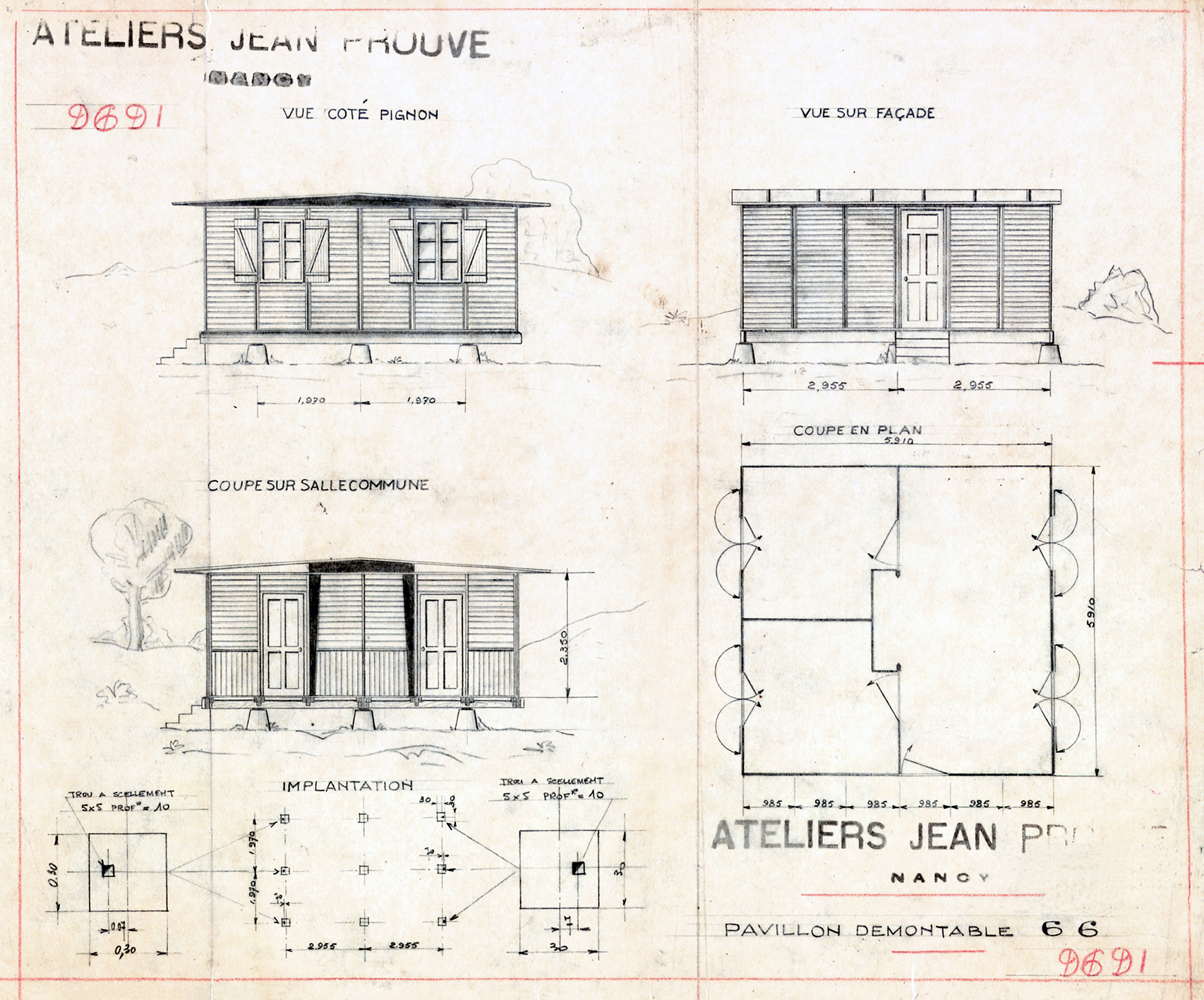 Ateliers Jean Prouvé. “Demountable house 6x6”, presentation drawing, no. 9691, May 1945.