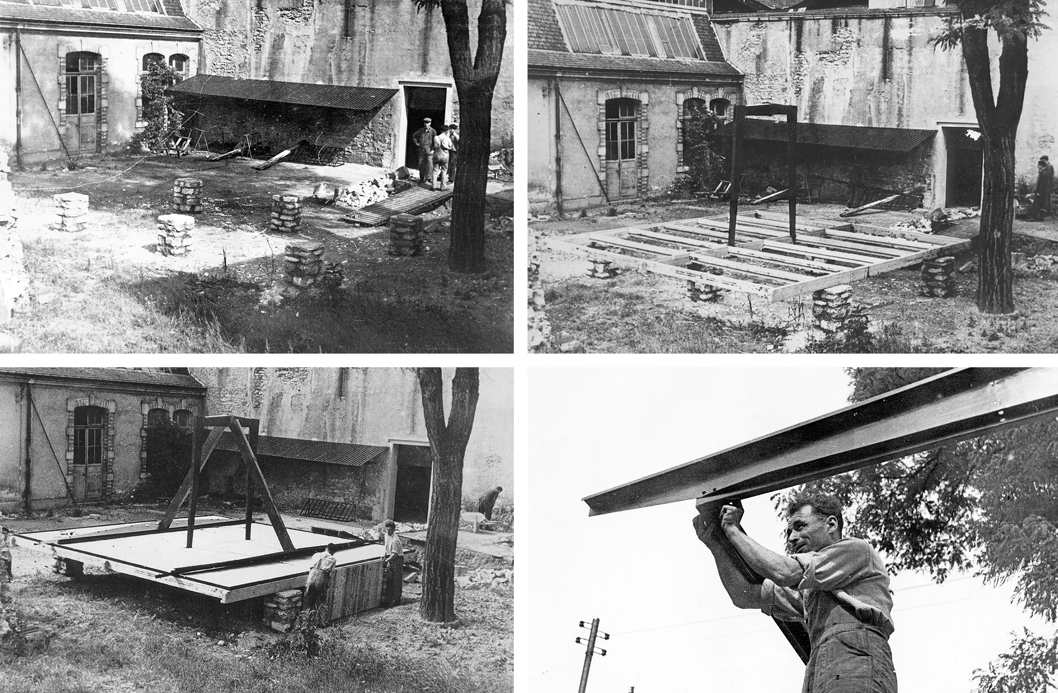 Maison démontable 6x6. Montage du prototype aux Ateliers Jean Prouvé, rue des Jardiniers, Nancy, 1944.