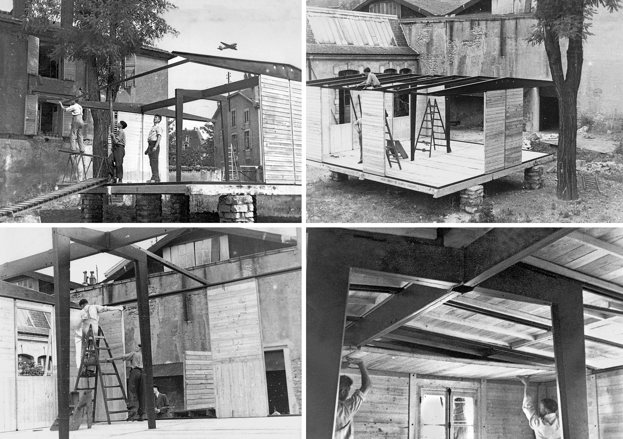 6x6 Demountable house. Assembling the prototype at the Ateliers Jean Prouvé, Rue des Jardiniers, Nancy, 1944.