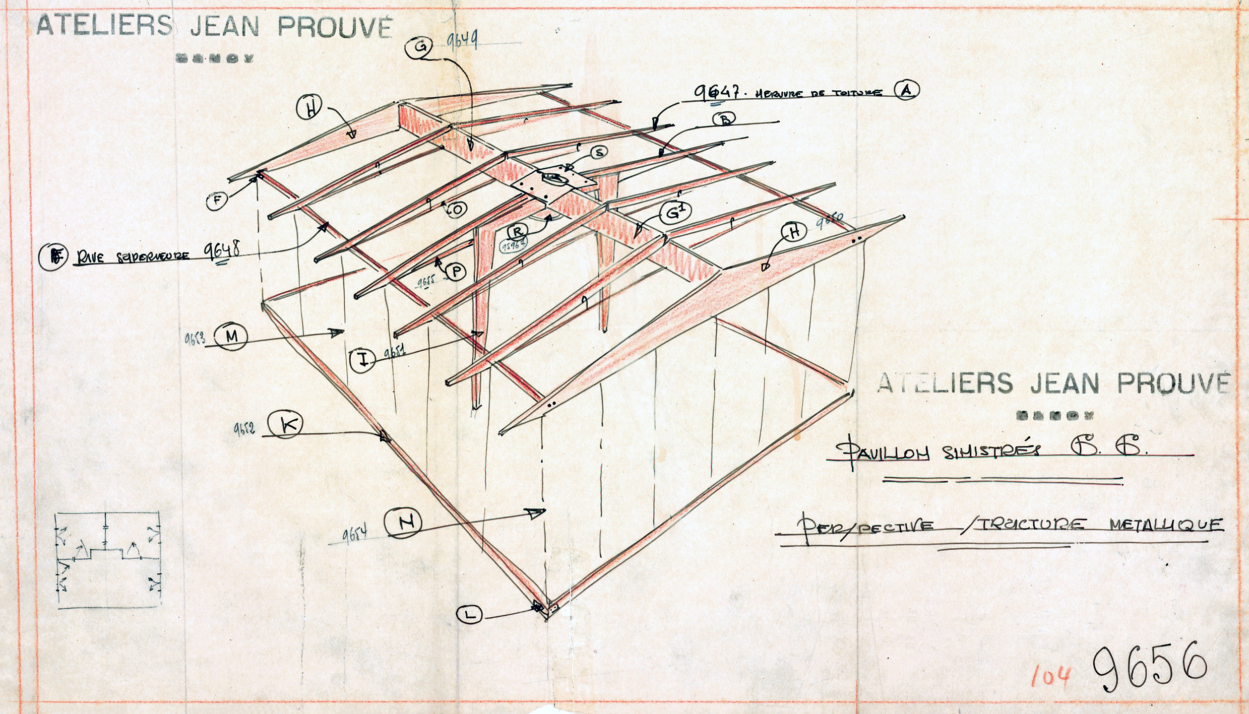 Ateliers Jean Prouvé. « Pavillon sinistrés 6x6, perspective, structure métallique », plan n° 9656, avril 1945.