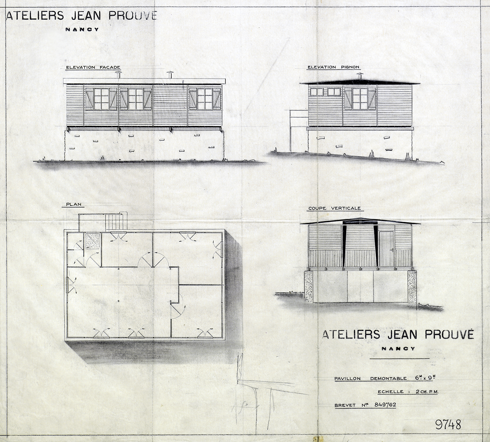 Ateliers Jean Prouvé. « Pavillon démontable 6m x 9m. Brevet n° 849762 », plan n° 9748, 18 octobre 1945.