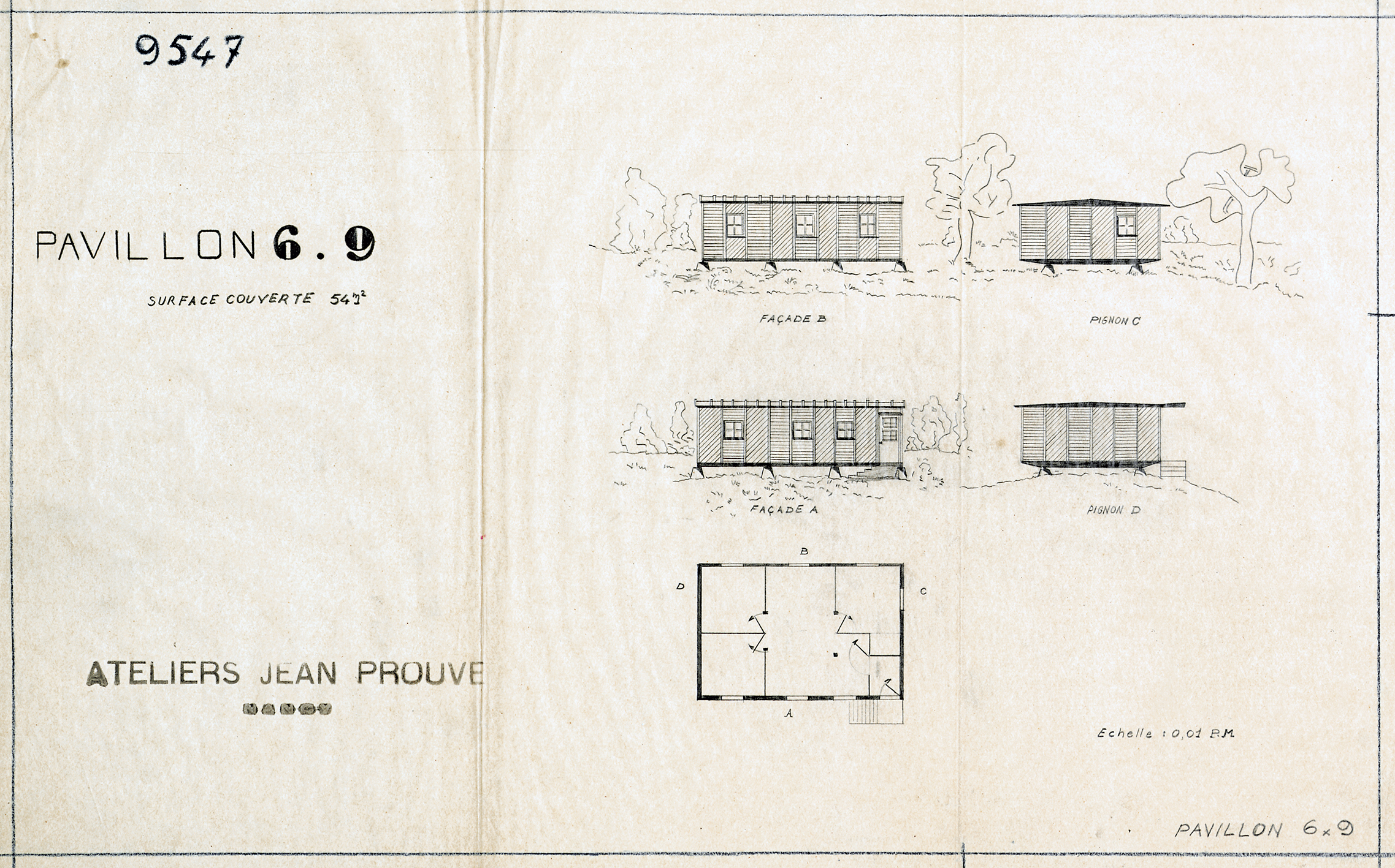 Ateliers Jean Prouvé. « Pavillon 6x9, surface couverte 54 m2 », plan n° 9547, 12 janvier 1945.