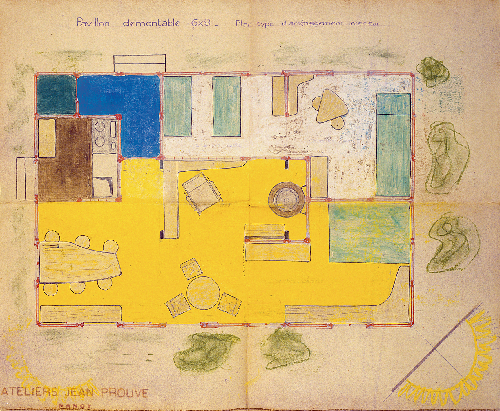 Ateliers Jean Prouvé. « Pavillon démontable 6x9, plan type d’aménagement intérieur », plan n° 9685, tirage rehaussé de couleurs par P. Jeanneret, 1945.