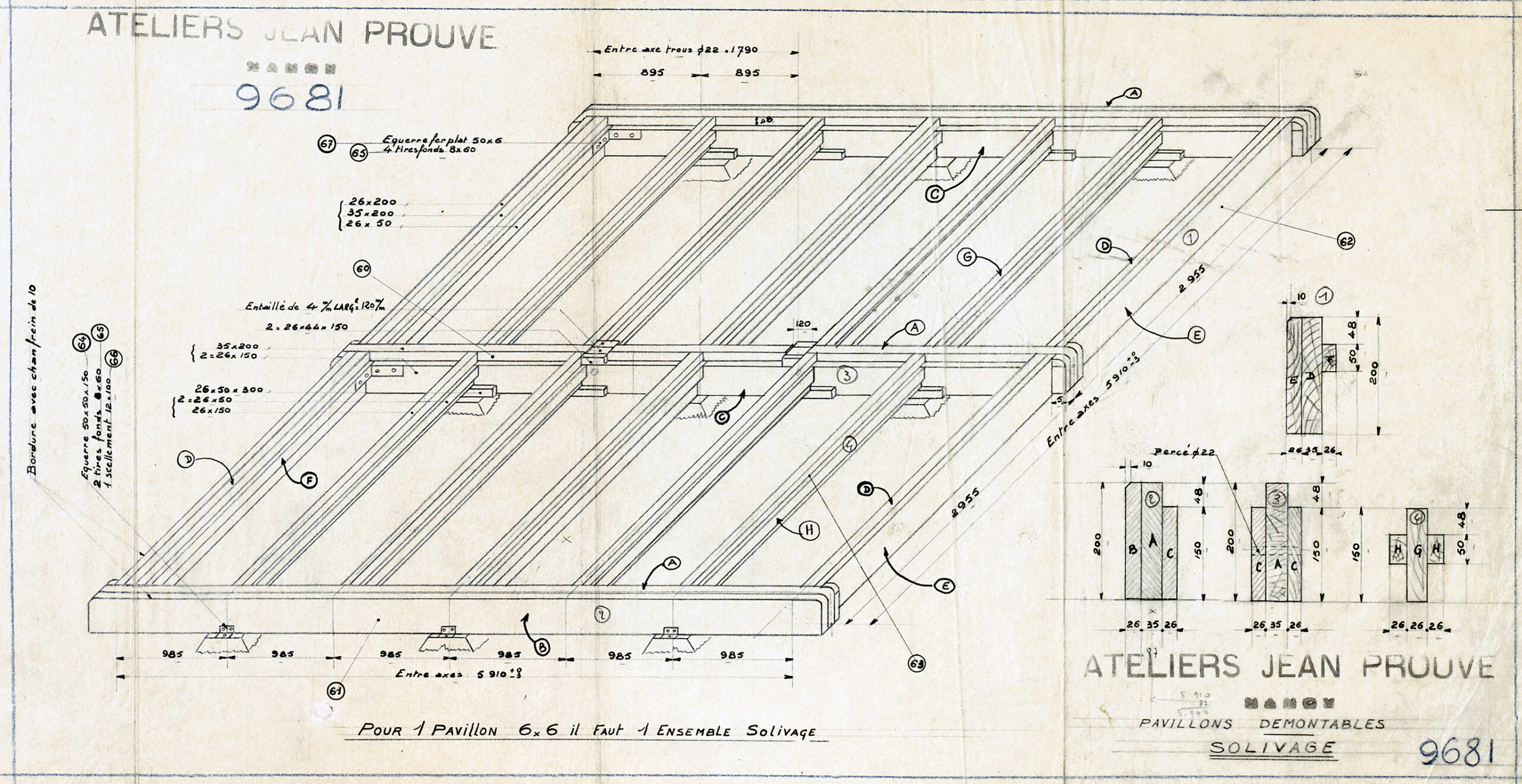 Ateliers Jean Prouvé. « Pavillons démontables, solivage », plan n° 9681, 10 mai 1945.