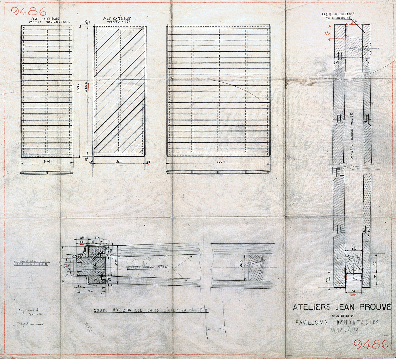 Ateliers Jean Prouvé. « Pavillons démontables, panneaux », plan n° 9486, 10 octobre 1944.