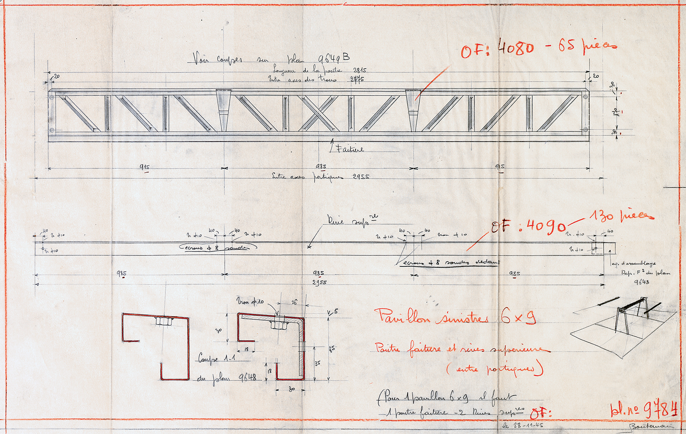 Ateliers Jean Prouvé. “6x9 War victims pavilion, ridge beam and upper beams (between portal frames)”, drawing no. 9784, 28 November 1945, by J. Boutemain.