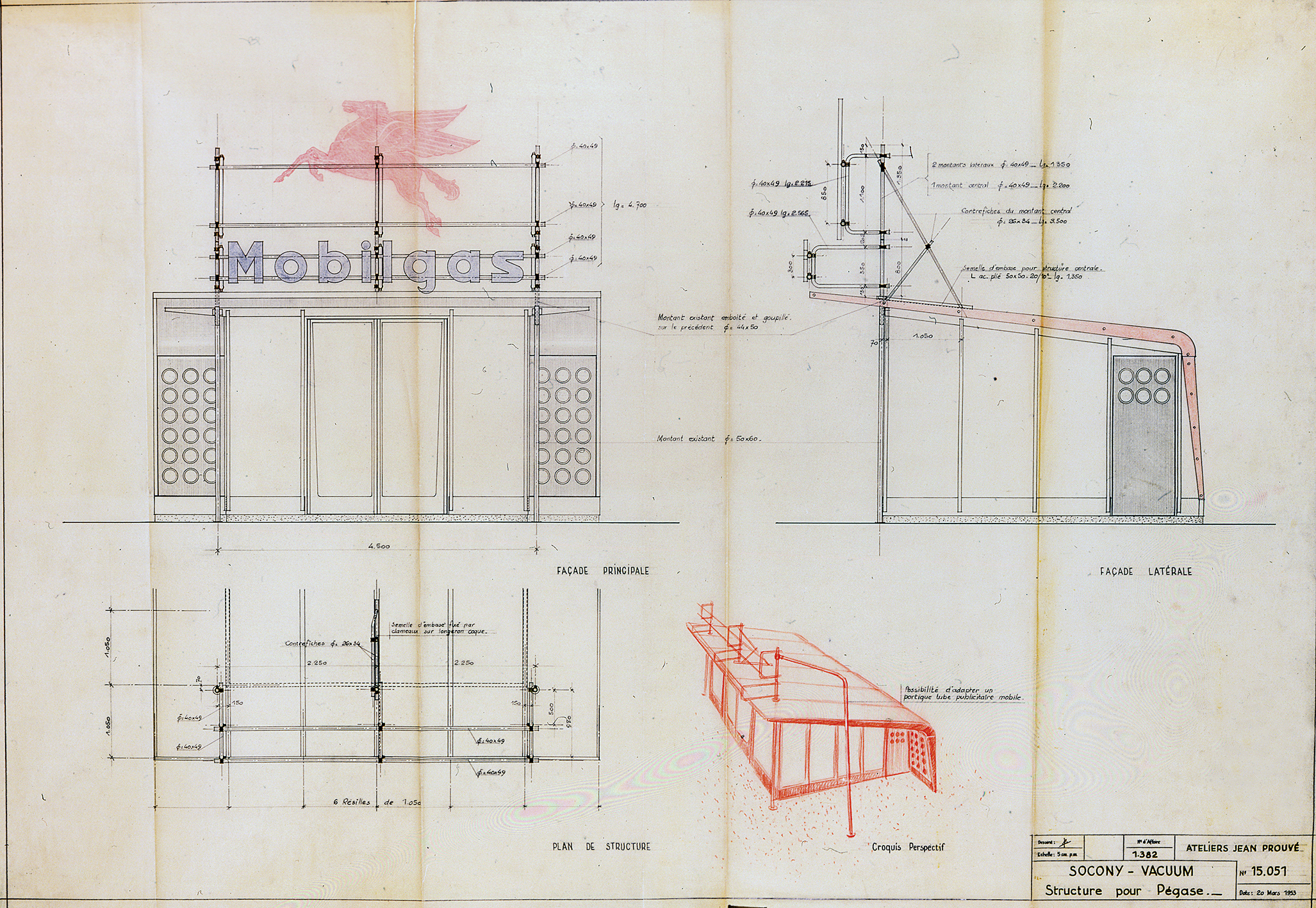 Ateliers Jean Prouvé, « Socony-Vacuum, structure pour Pégase ». Plan n° 15.051, 20 mars 1953.