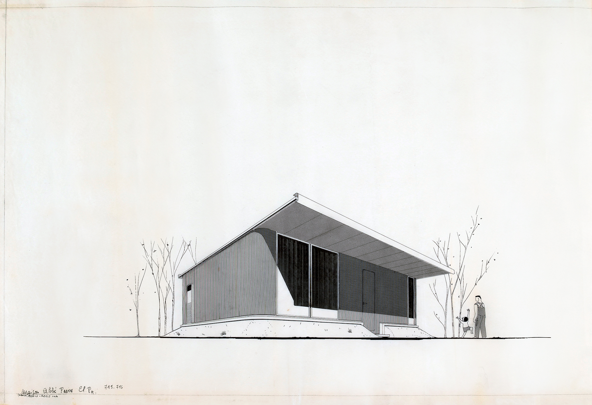 Les Constructions Jean Prouvé. J.M. F3 house, drawing of the main facade, ca. 1956.
