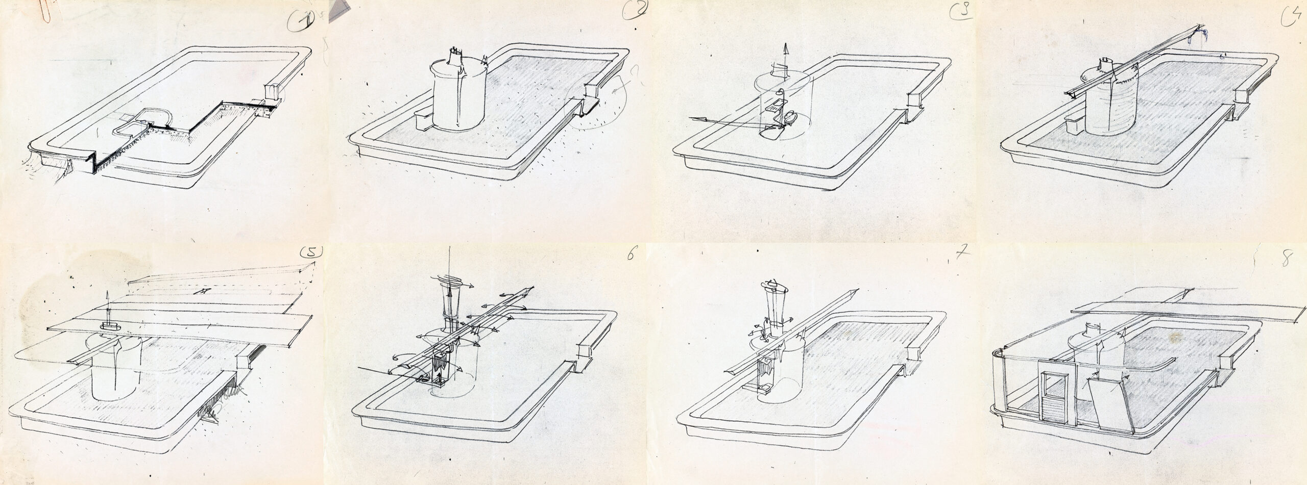 Steps in the assembly of the Jours Meilleurs demountable house. Drawings attributed to Jean Prouvé, ca. 1956.