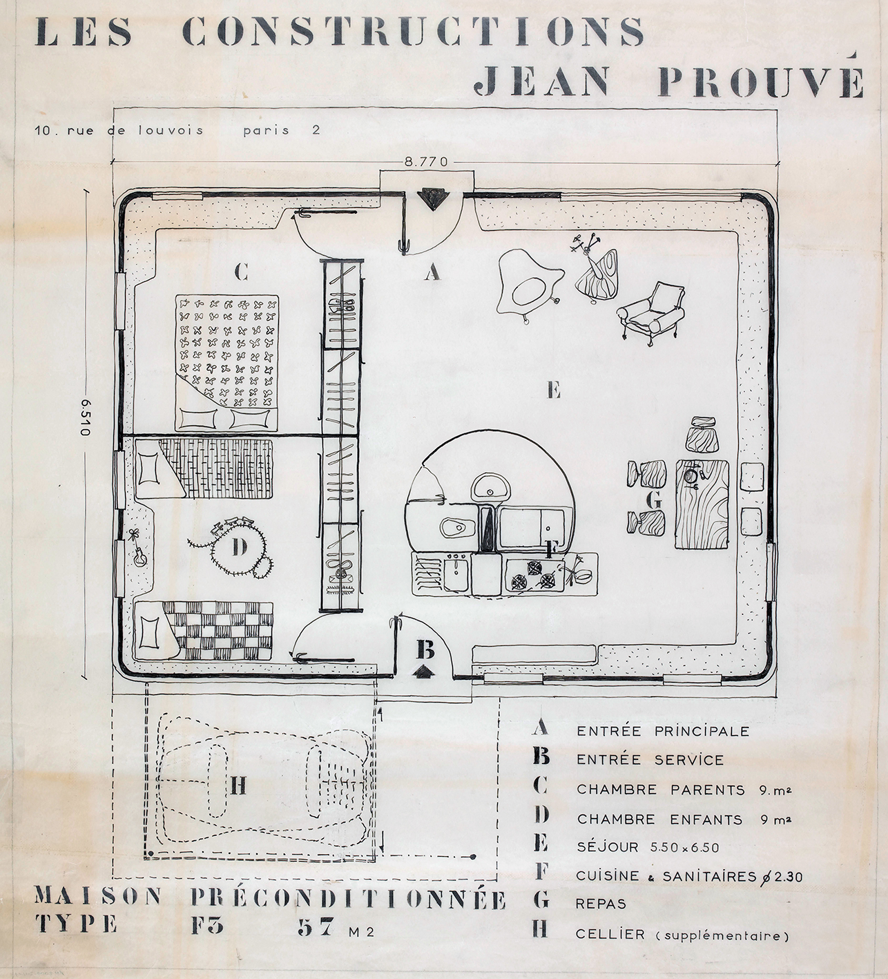 Les Constructions Jean Prouvé. « Maison préconditionnée type F3 57m2 ». Plan de distribution, variante avec trois pièces et cellier, c. 1957.