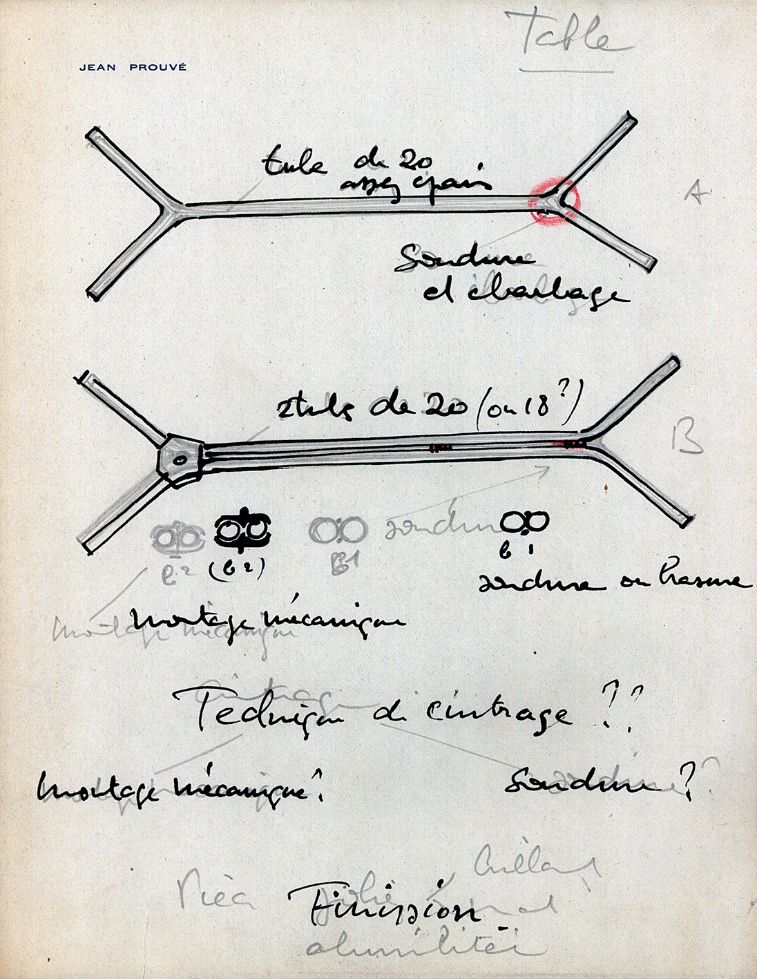 Sketch by Jean Prouvé of a table with single and double aluminum tube crossmember, ca. 1980.