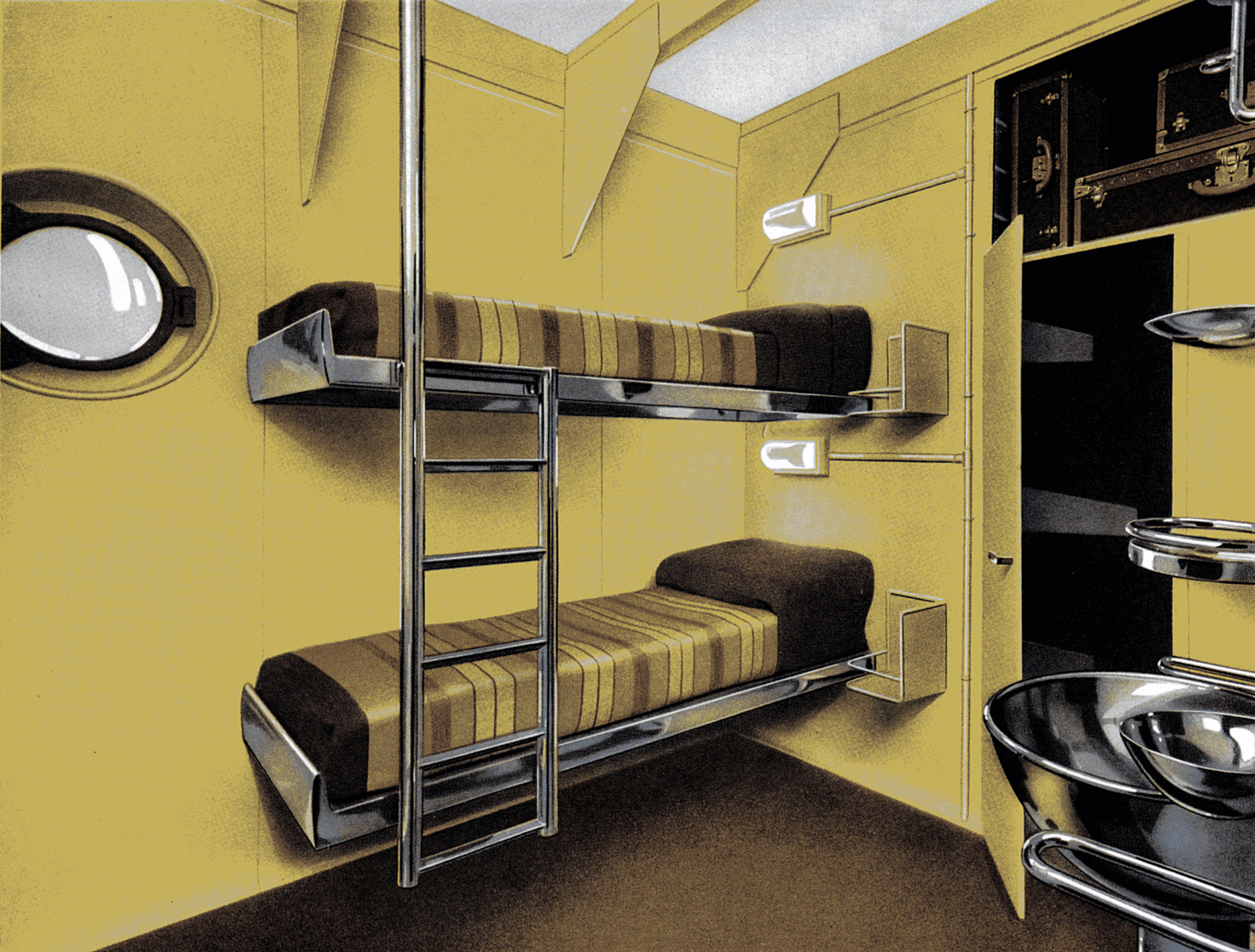 Prototype of a stainless steel houseboat cabin presented by the Ateliers Jean Prouvé (with M. Gascoin, interior design) at the Salon d’automne, Paris, 1934 (section organized by the OTUA and the UAM).