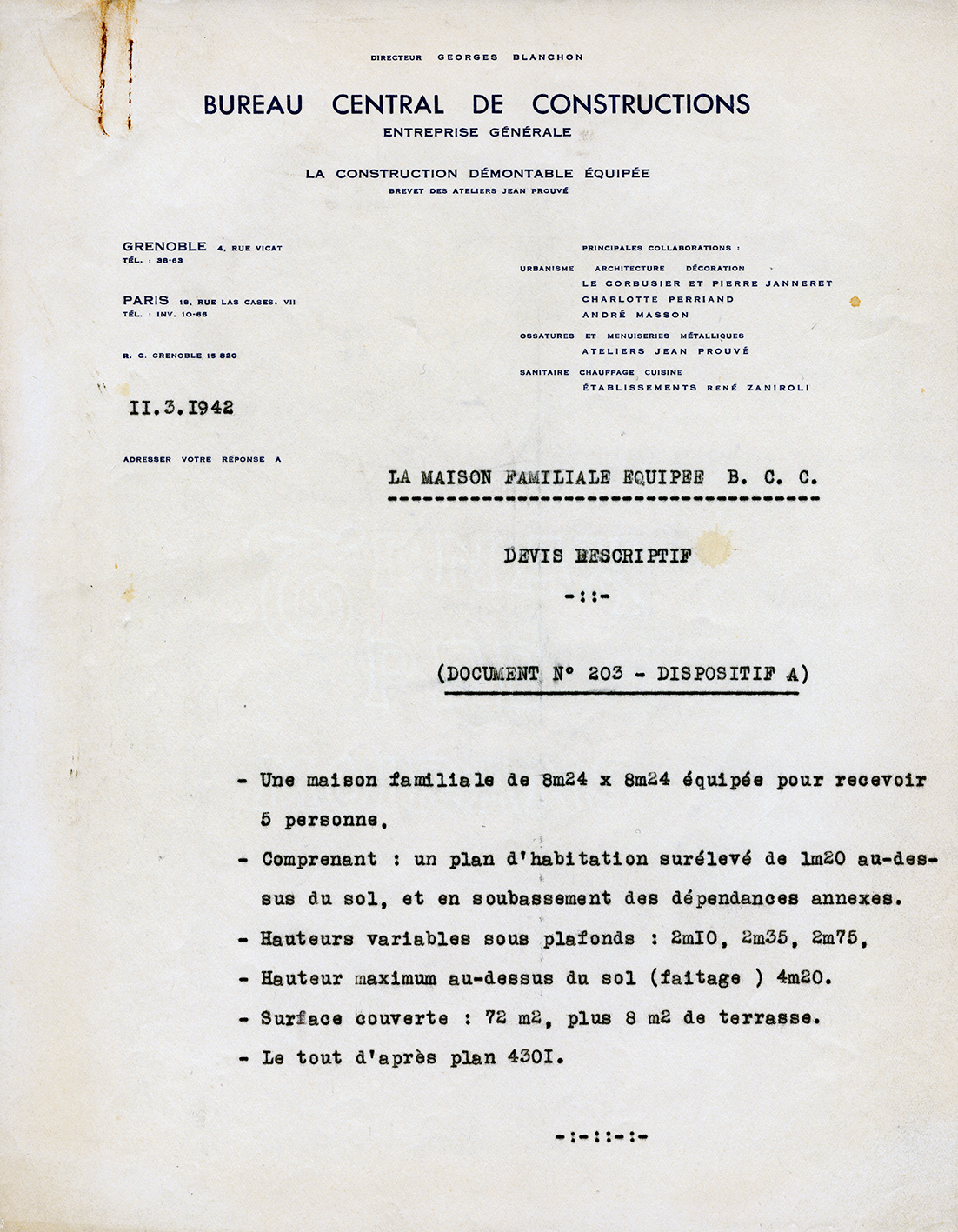“Bureau Central de Constructions: the fully equipped BCC family house”. Technical specifications, 11 March 1942.