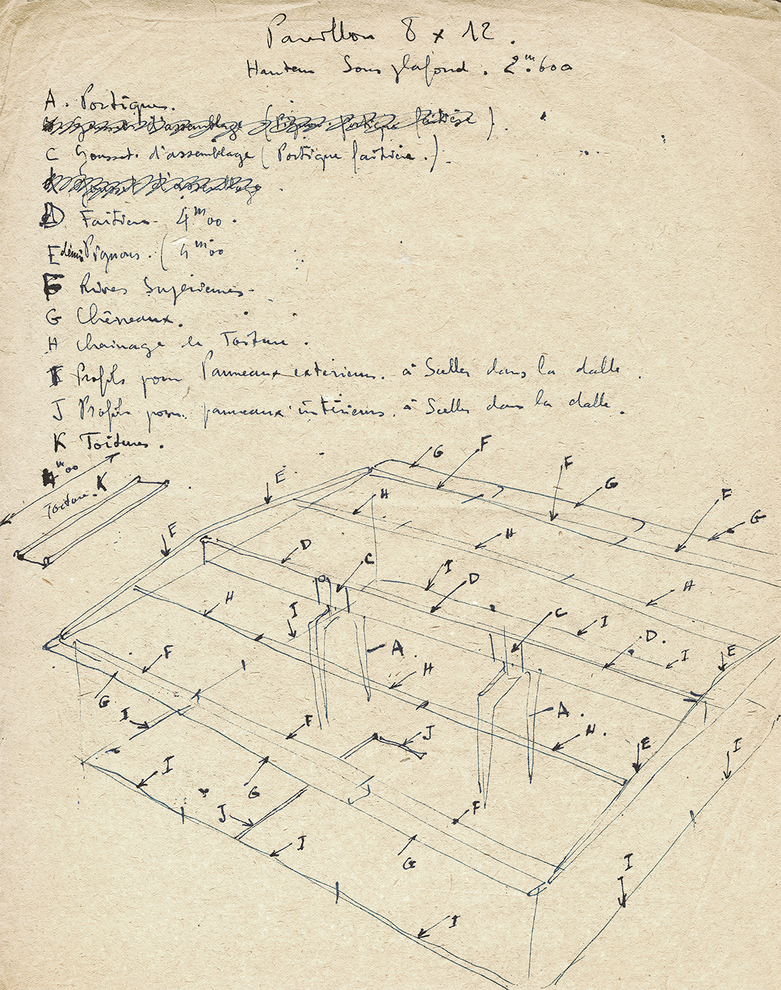 Ateliers Jean Prouvé, « Pavillon 8x12 ». Nomenclature et disposition des éléments de la structure et de l’habillage intérieur et extérieur. Dessins de Henri Prouvé, c. 1950.