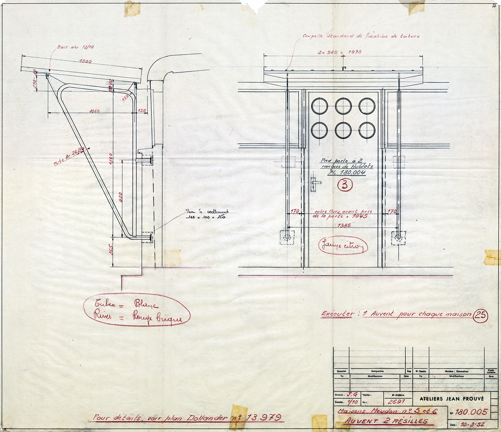 Ateliers Jean Prouvé. “Meudon houses nos. 5 and 6. Double grid awning”. Awning, porthole door, and indications of component colors. Plan no. 180.005, 10 March 1952.