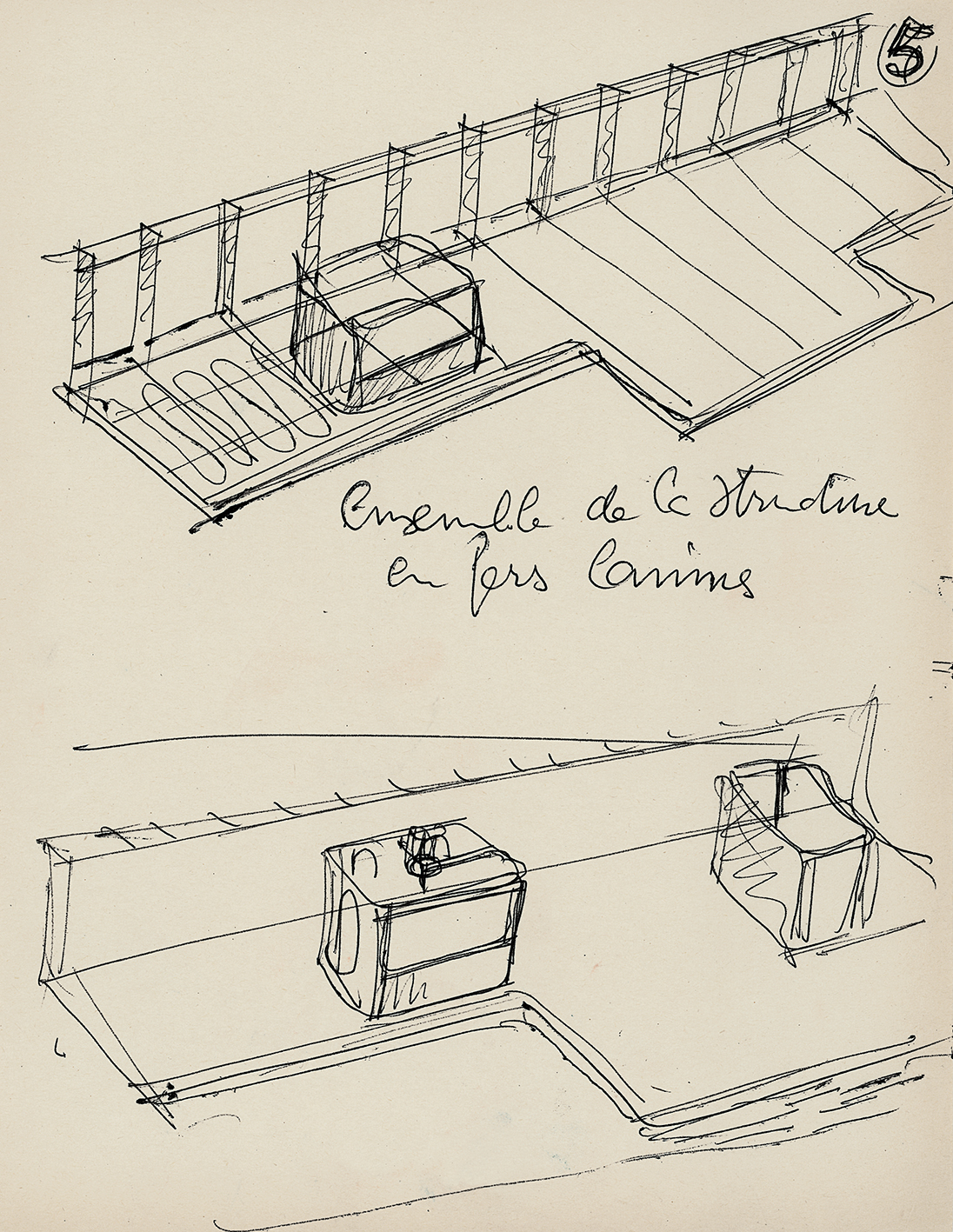 Jean Prouvé. “The overall structure in laminated steel”. Preparatory drawing for his class The Nancy House given at the CNAM (Conservatoire National des Arts et Métiers), Paris, 1957–71.