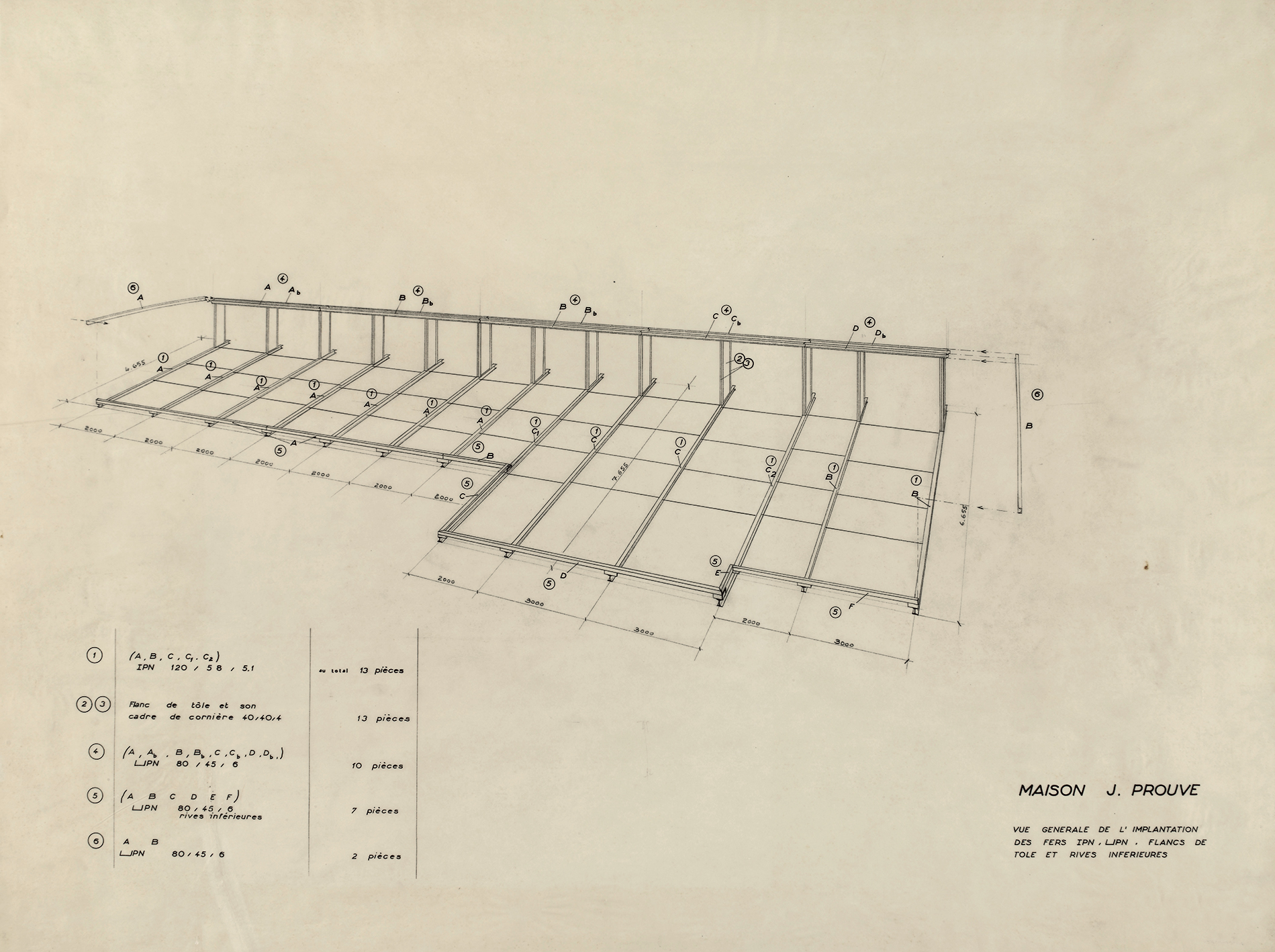 « Maison J. Prouvé ». Vue générale de l’implantation des fers IPN, UPN, flancs de tôle et rives inférieures. Plan non numéroté, 1954.