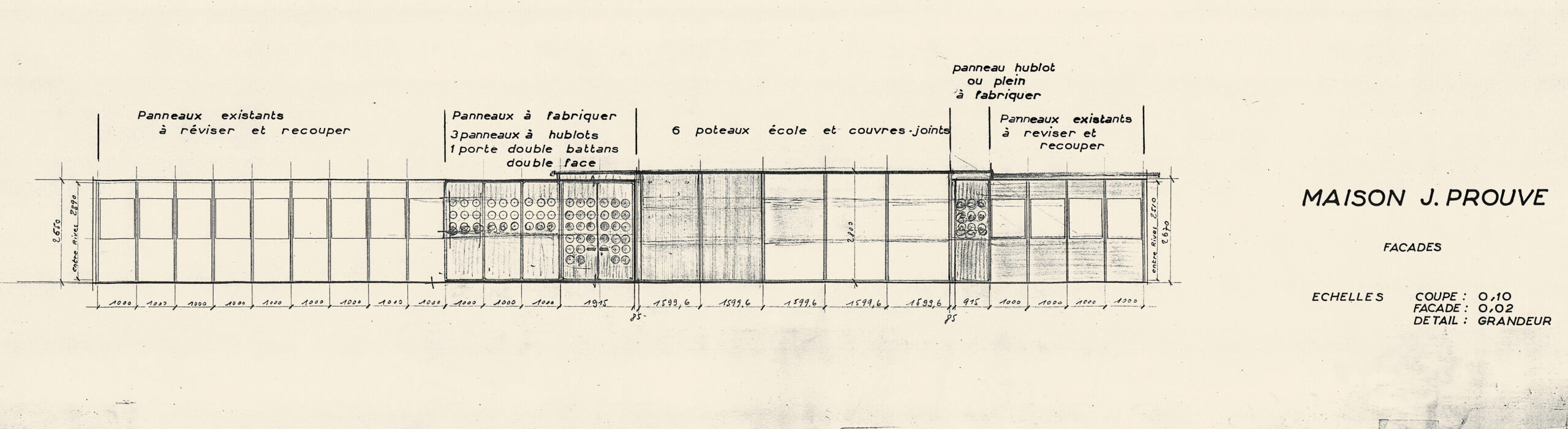 “J. Prouvé house. Facades”. Unnumbered drawing (details), 1954.