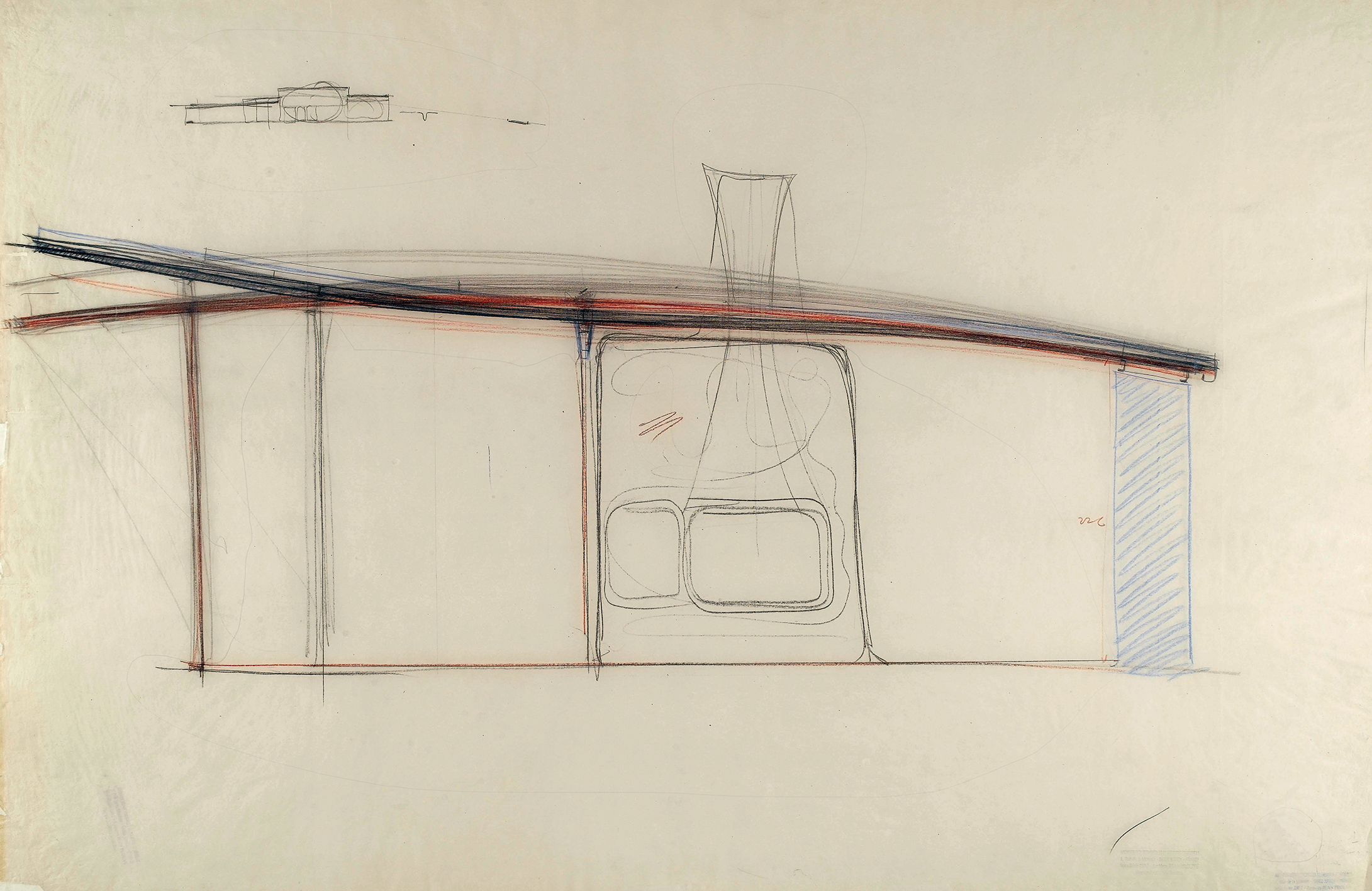 Jean Prouvé. Dessin de coupe de la pièce principale avec indication du mouvement de toiture, c. 1954.
